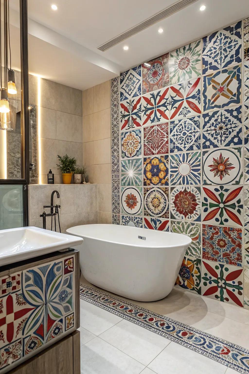 Striking tile designs add personality and flair to this tub area.