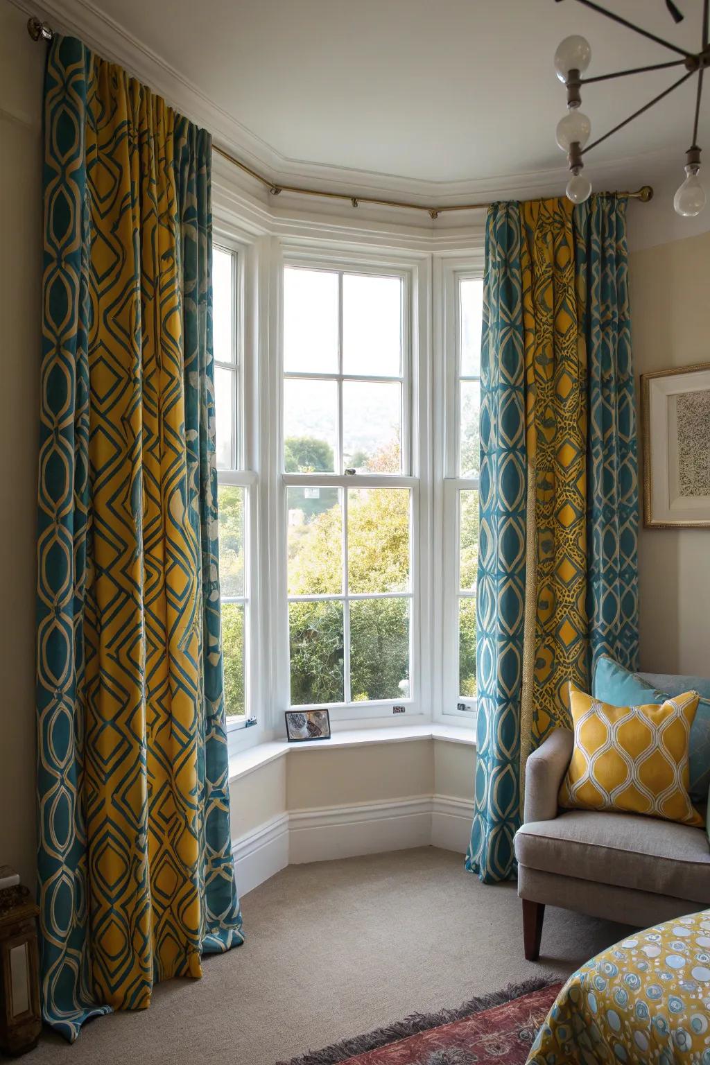 Patterned curtains bring life and flair to your bay window.