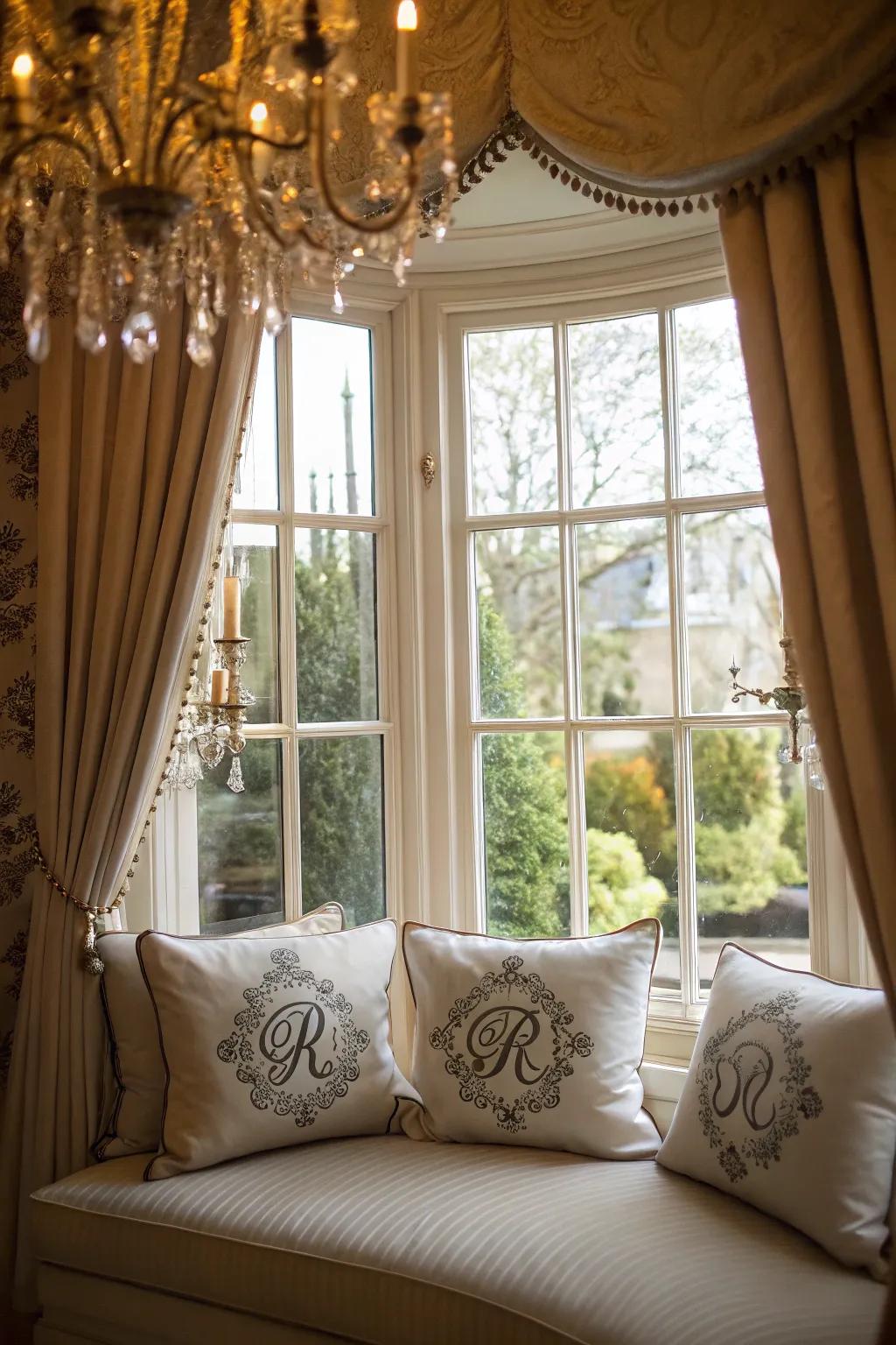Monogrammed cushions provide an intimate element to your bay window area.