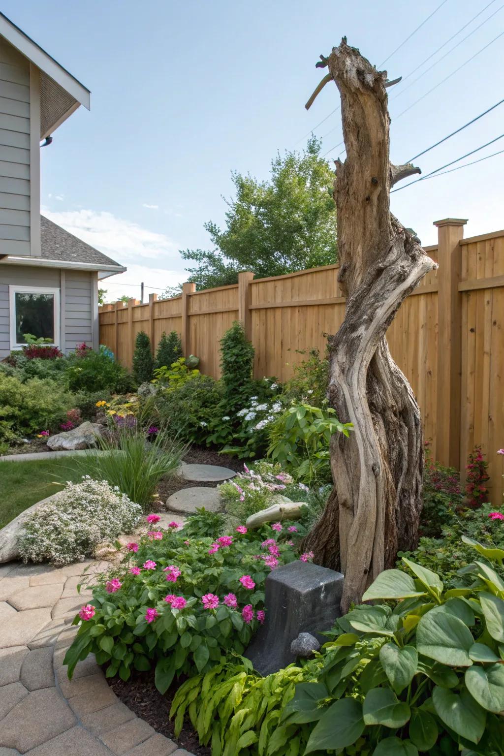 Driftwood adds a rustic touch to a beach landscape.