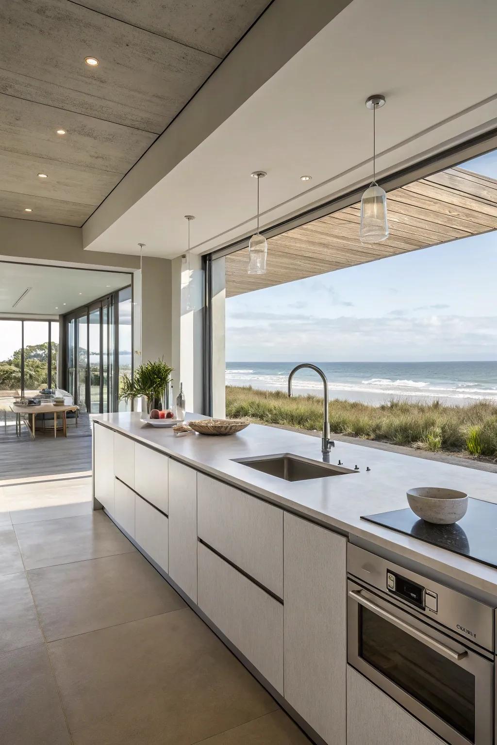 A modern kitchen blending practicality with beach house charm.