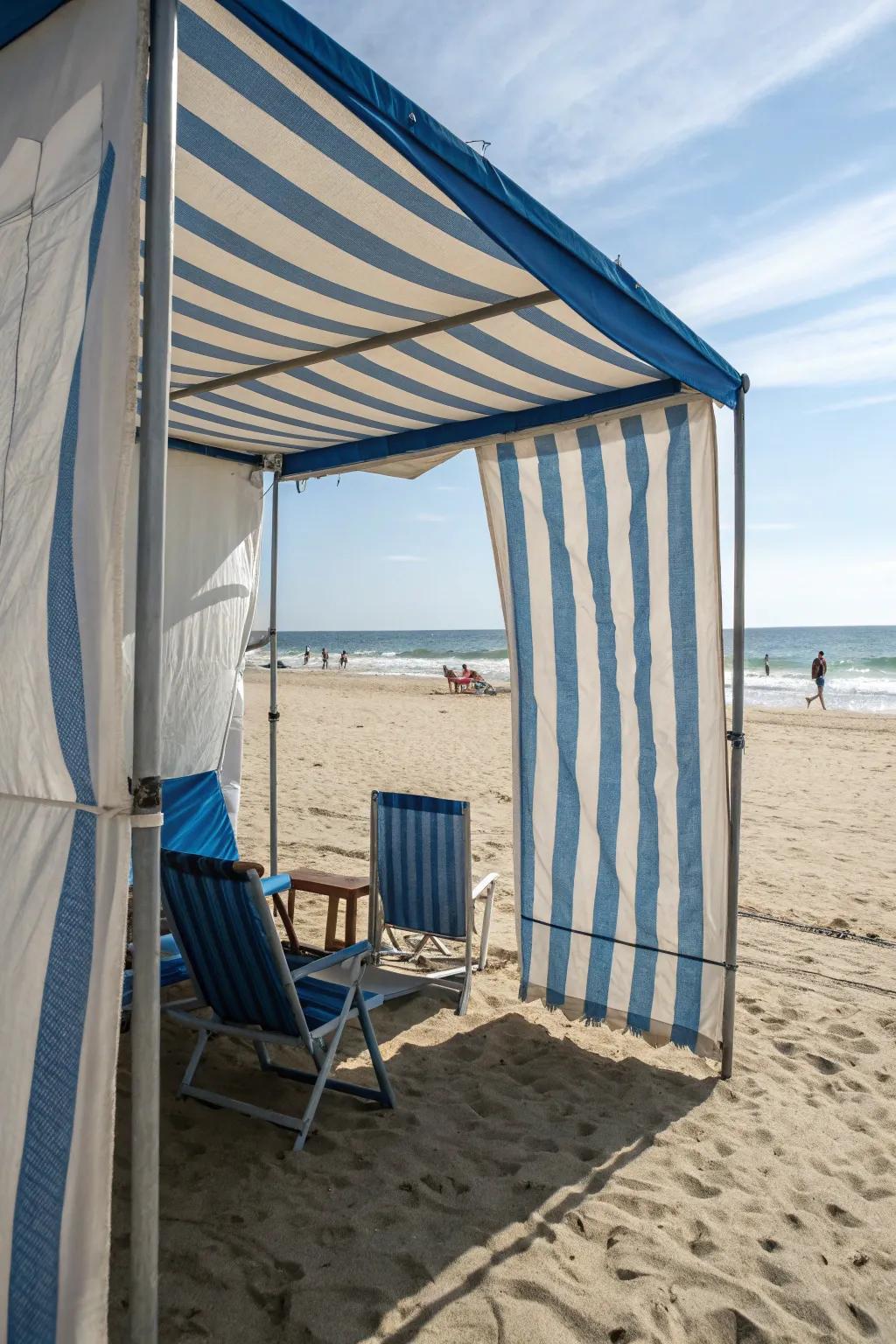 Canopies enhanced with side panels supply increased shelter from wind and sand.