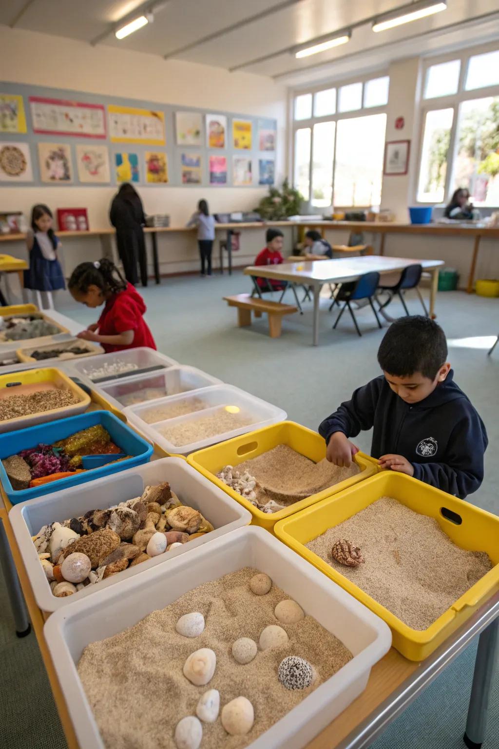 Coastal treasure bins encourage hands-on exploration and sensory discovery in the classroom.