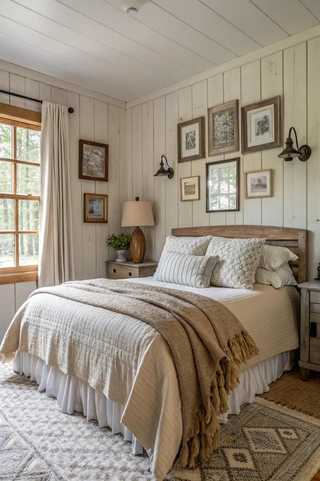 A welcoming bedroom showcasing beadboard walls painted in soft, neutral shades.