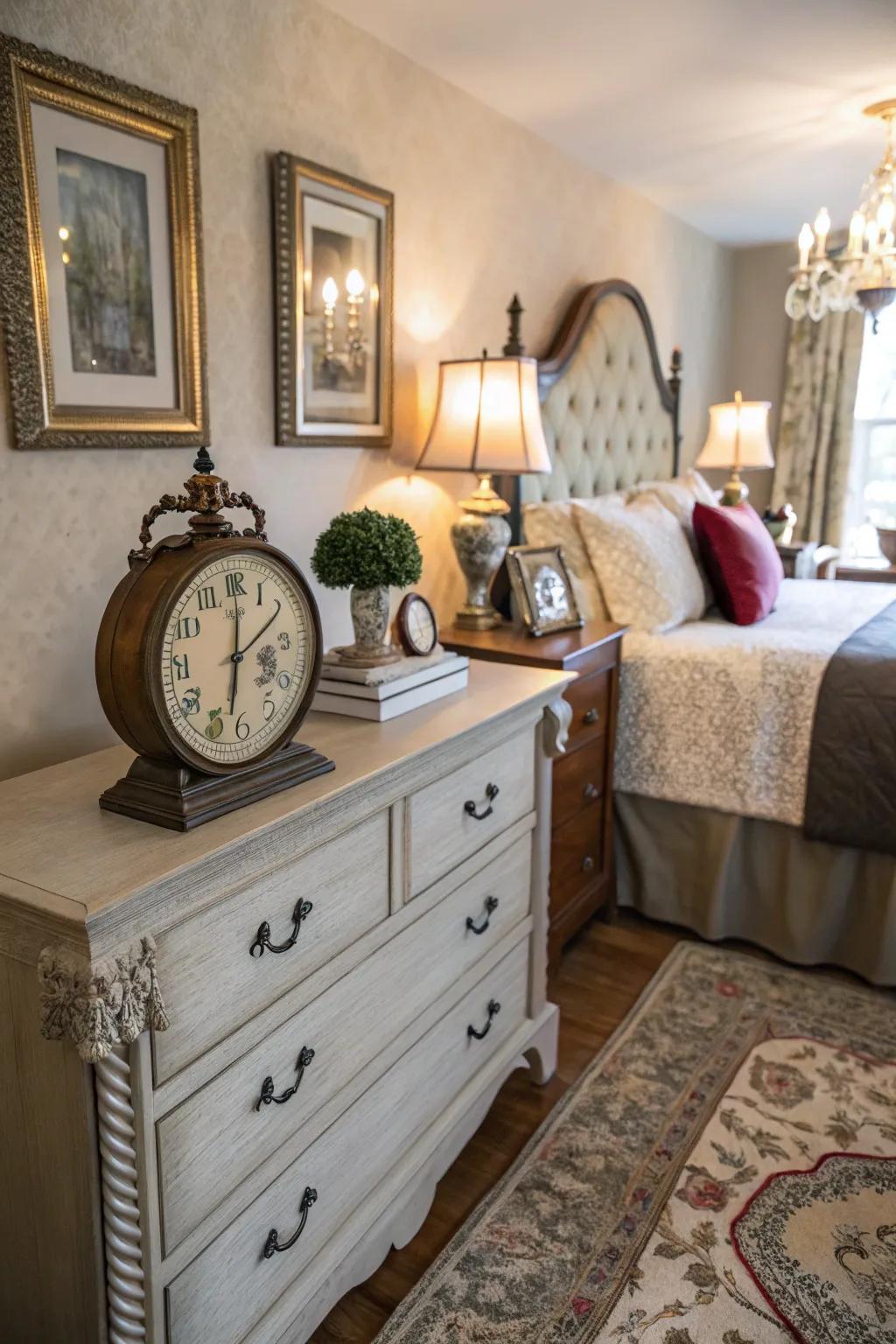 A vintage clock fills your bedroom with enduring allure.
