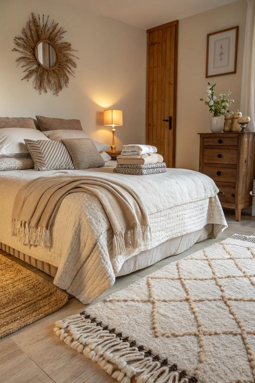 Layered textures enrich your bedroom design with depth and warmth.