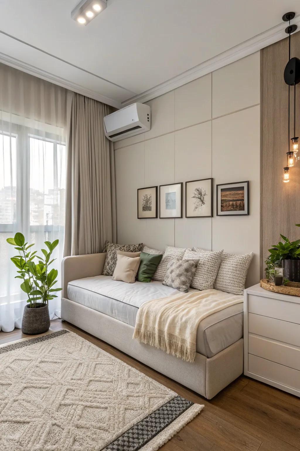 A modern corner settee that amplifies area, introducing elegance to the bedroom.