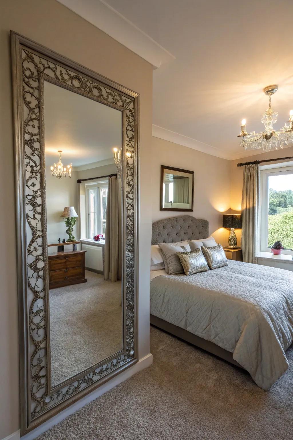 Reflections can visually extend your bedroom's confines.