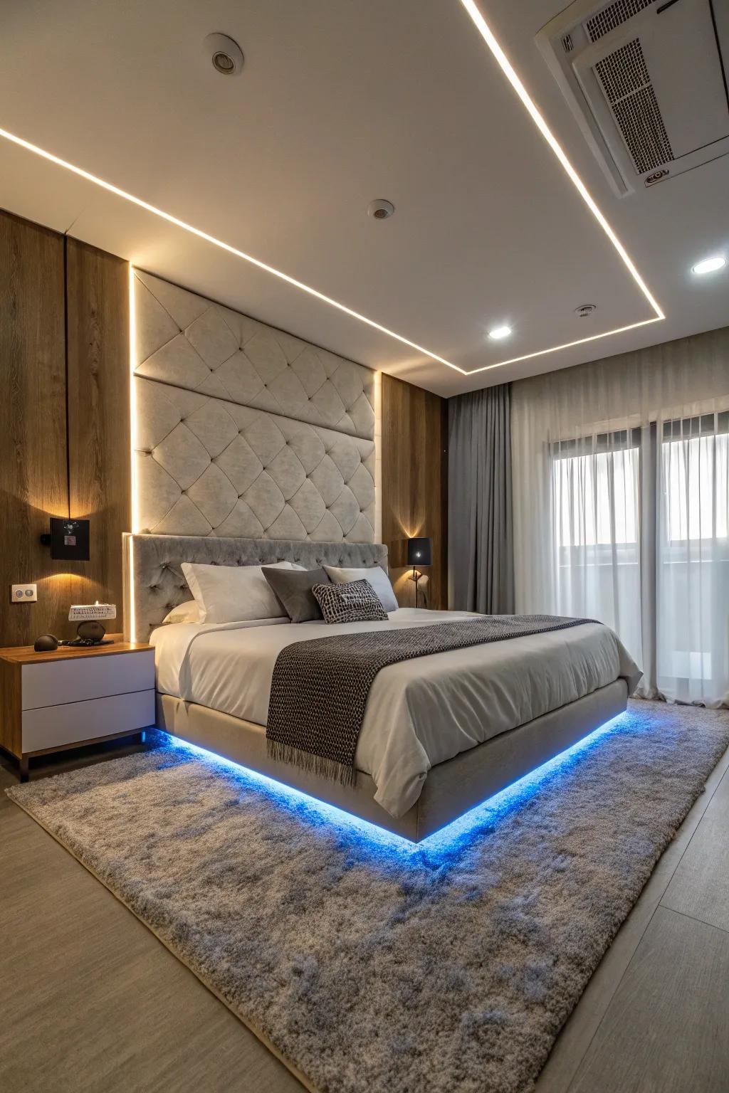 Diode band lighting adds a modern vibe to any bedroom.