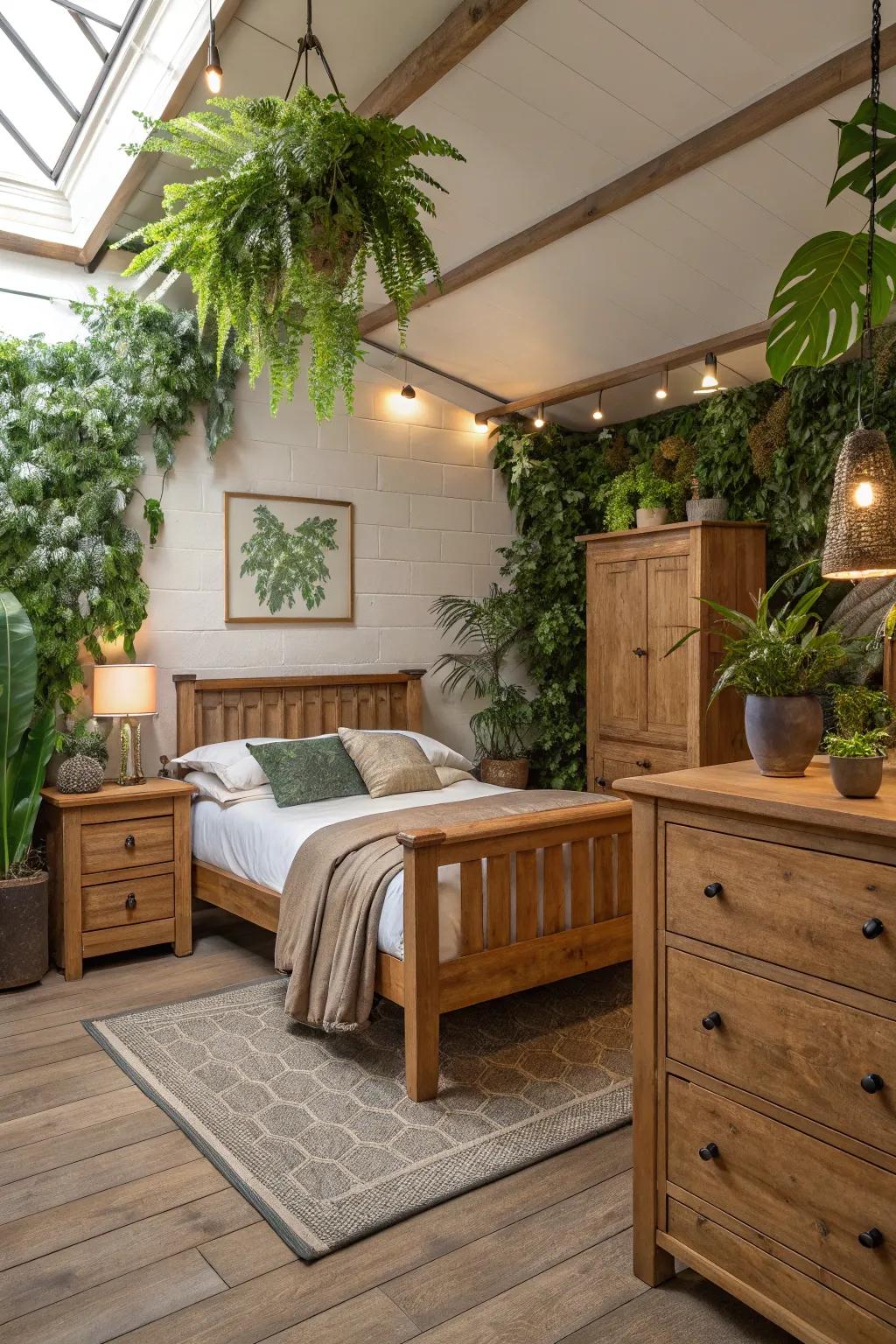 A bedroom that brings balance with nature via wood and vegetation.