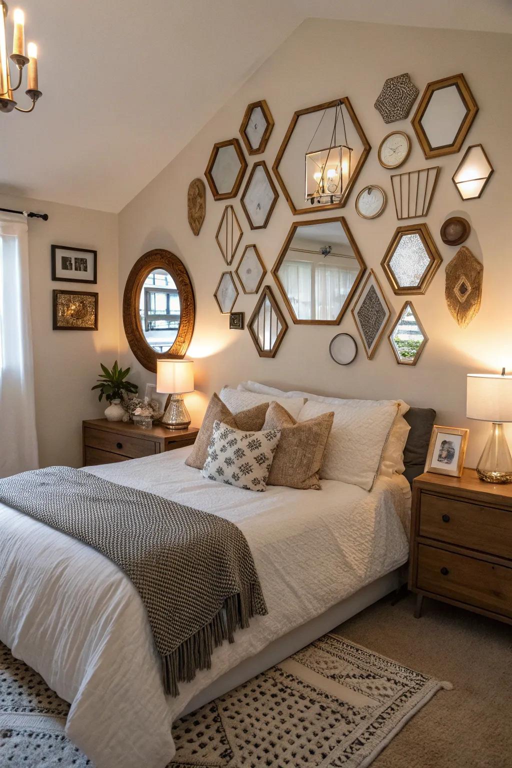 A mirror gallery wall adds character and vibrancy to the bedroom.