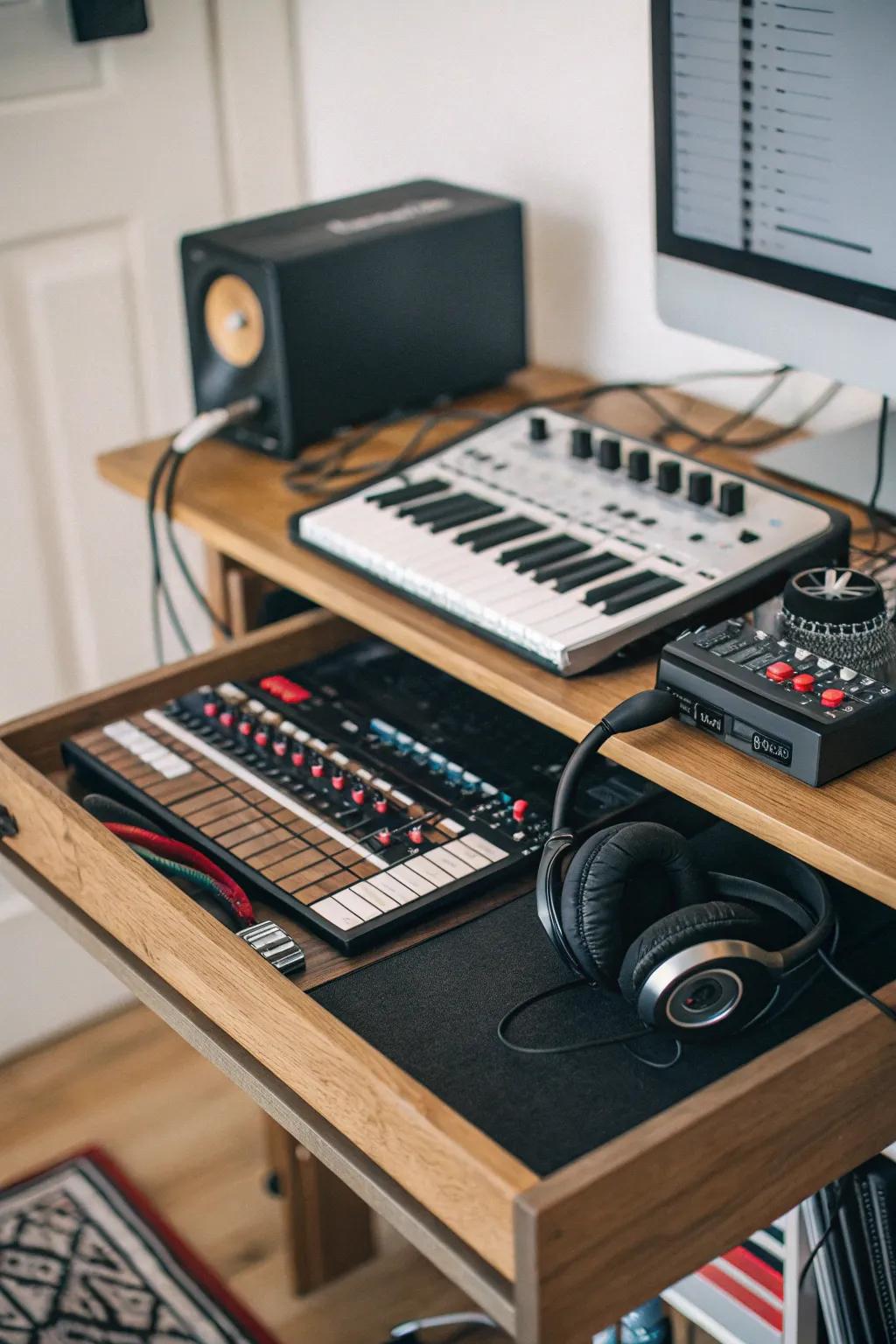 A compact desk with storage options maintains your studio’s neatness and efficiency.