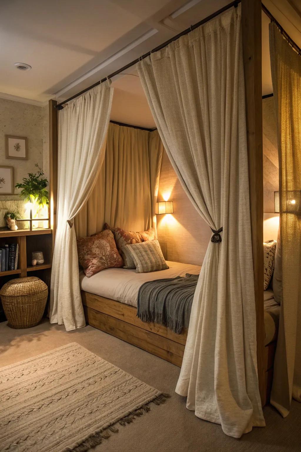 A bedroom nook featuring curtains, providing a private and cozy retreat.