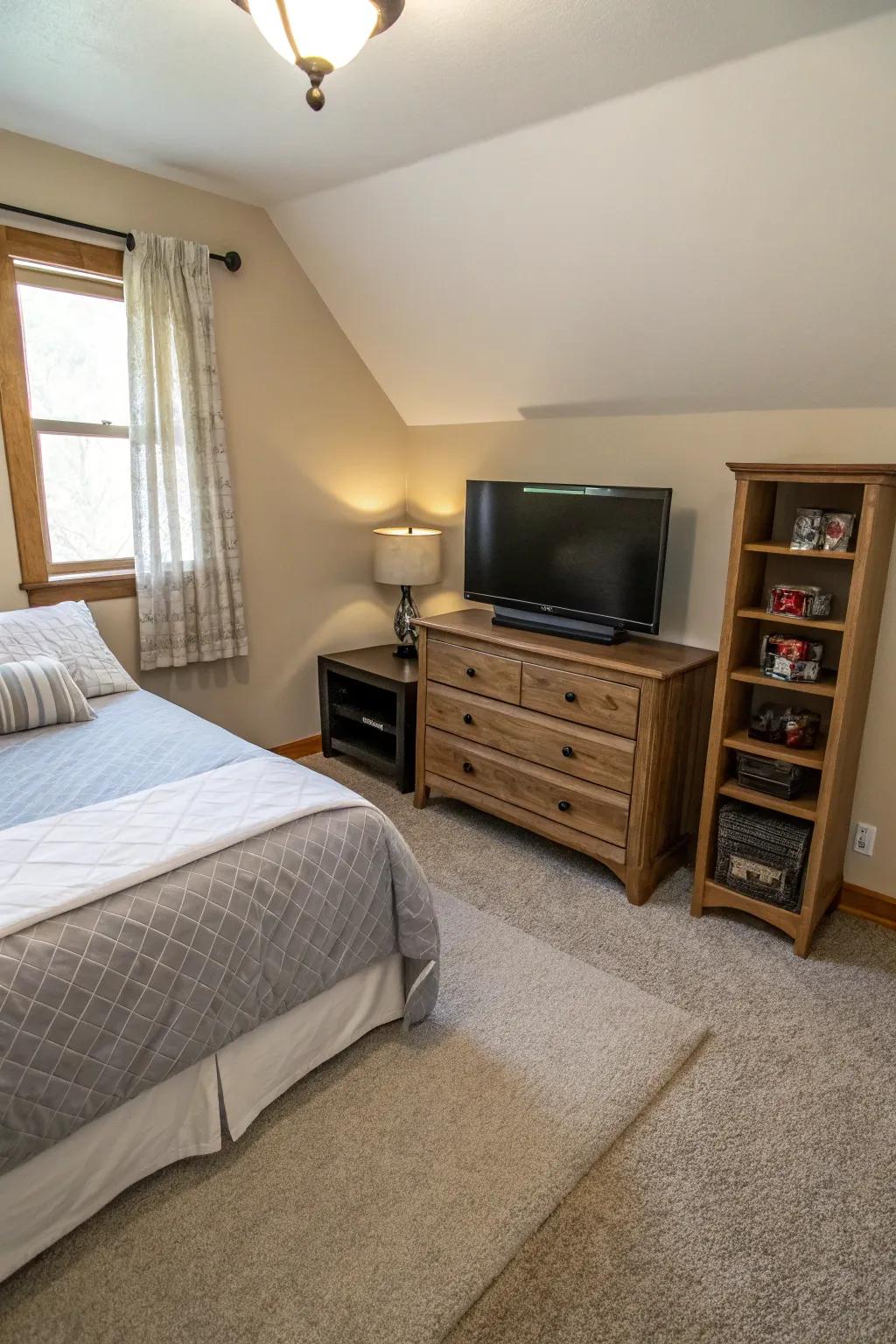 Corner media centers are suited for small spaces.