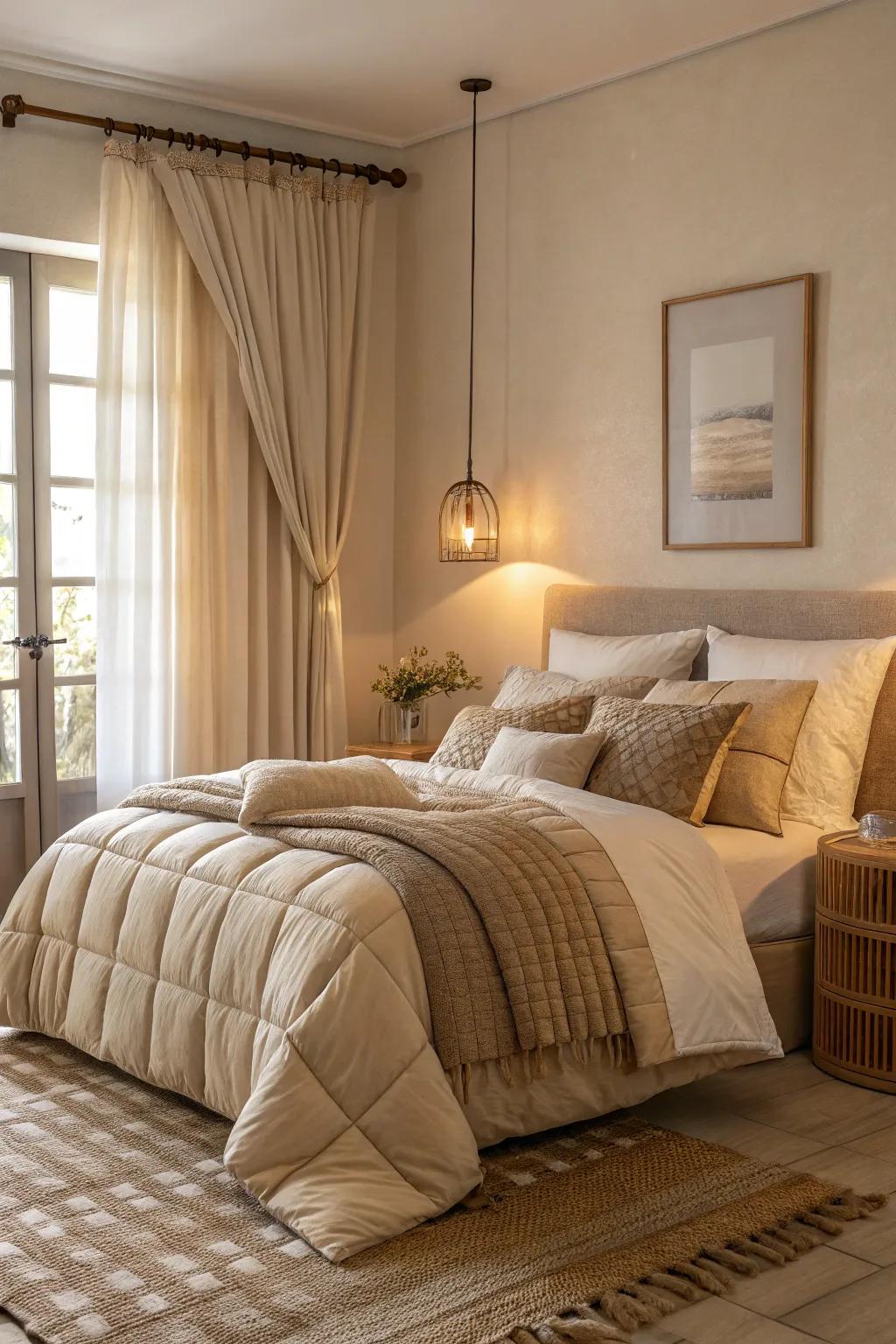 Layered linens in beige hues impart a hint of luxury to this boudoir.