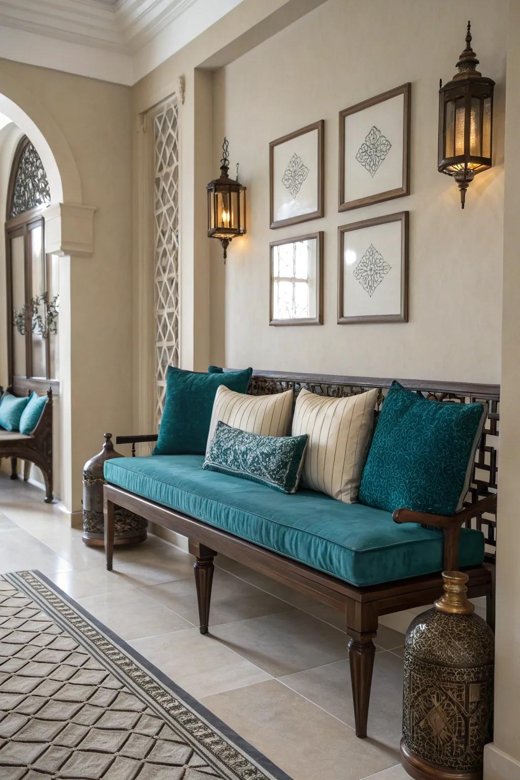 A striking dash of hue like cyan can transform a humble bench into a showpiece.