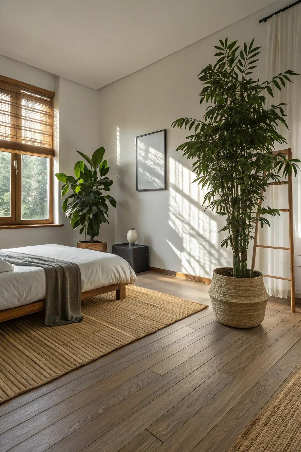 Environmentally friendly bamboo flooring in a serene bedroom