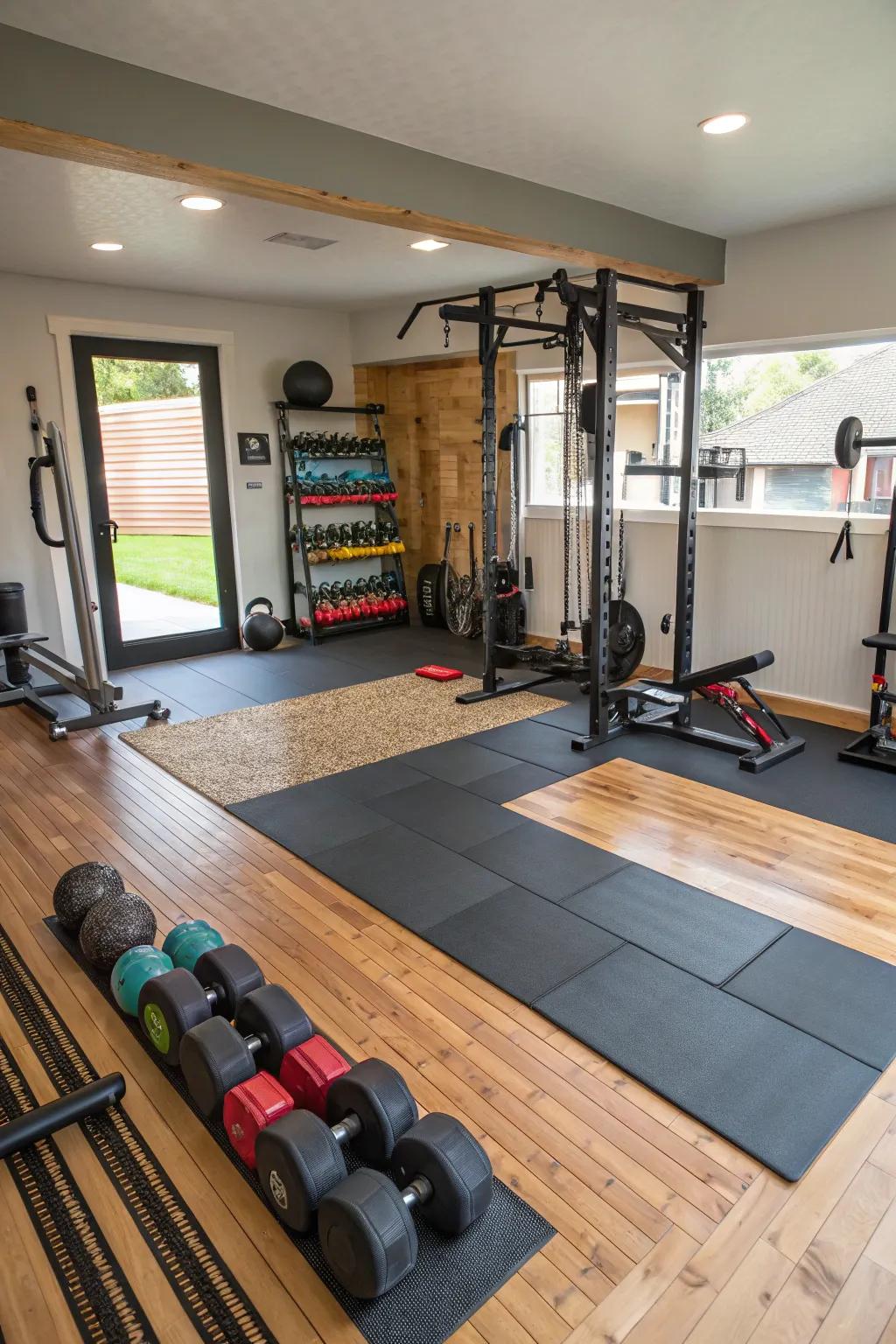 Optimize your gym through varied material floor covering, addressing diverse exercises.
