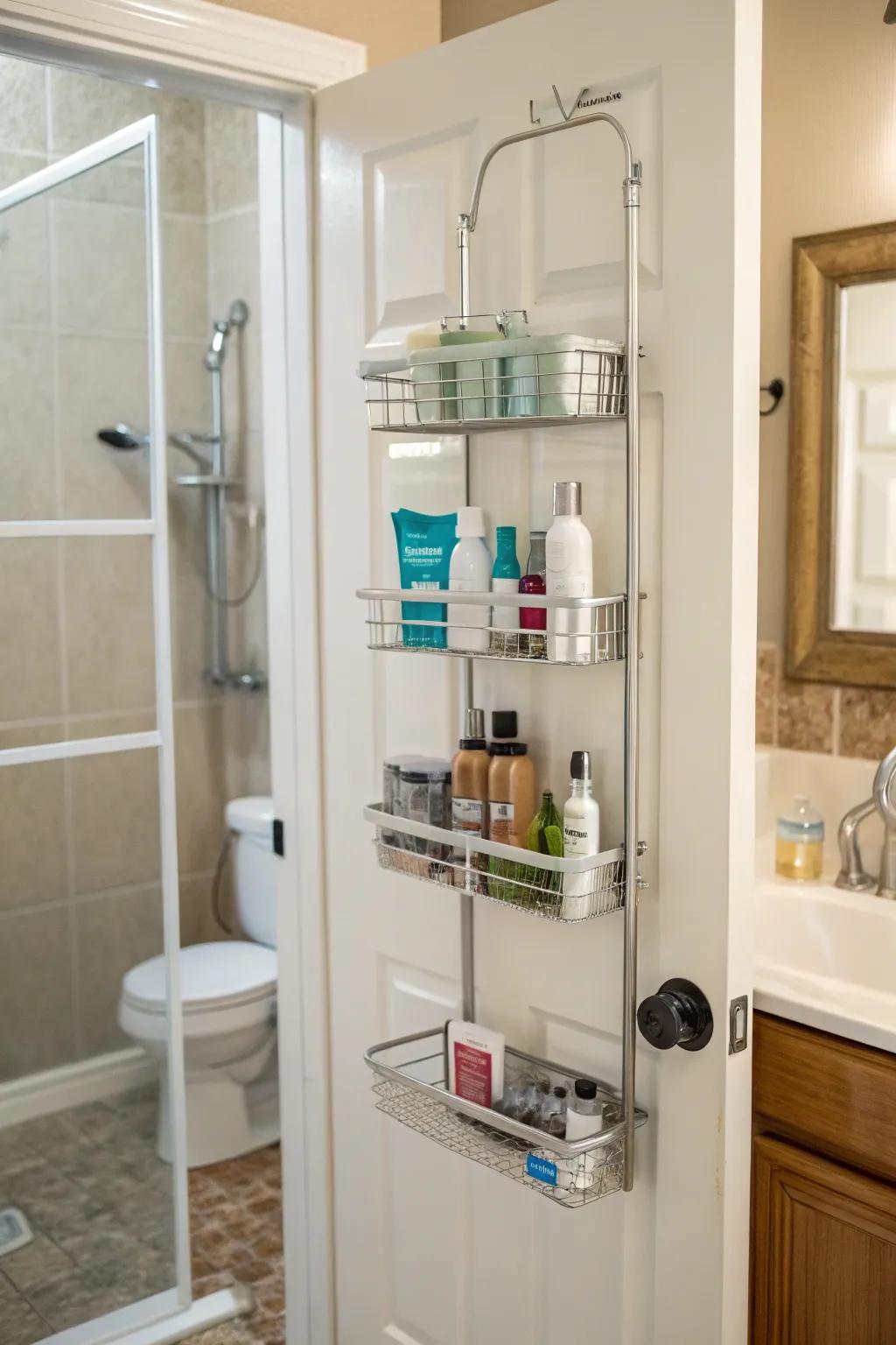 Capitalize on your door area with a door-hanging shower buddy.