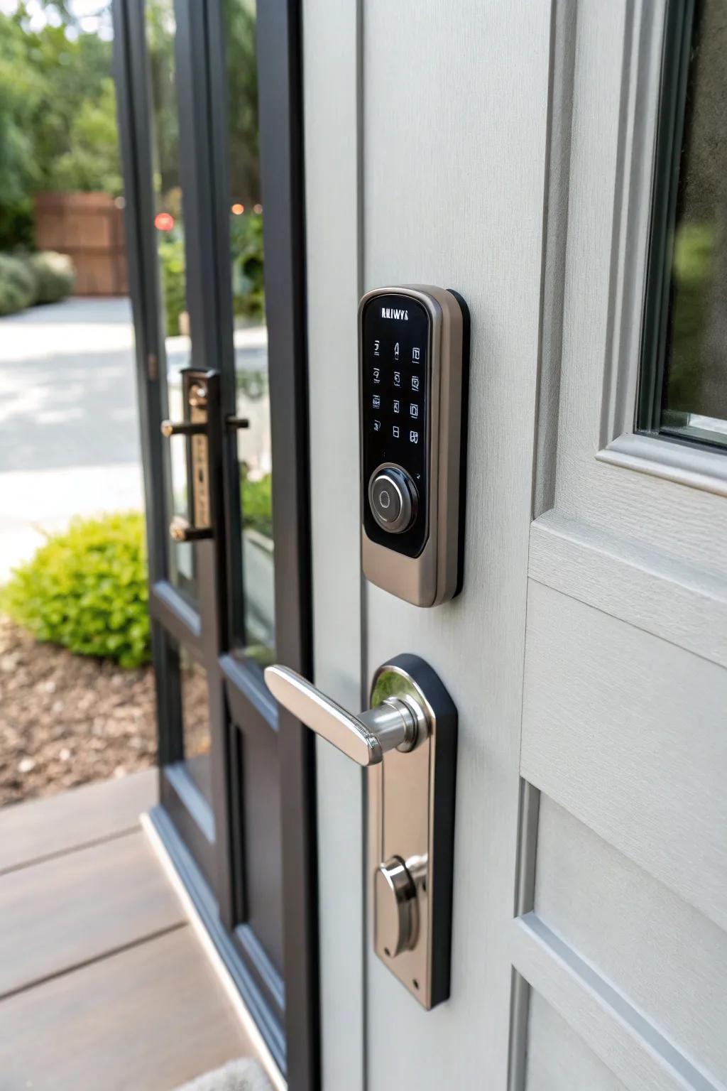 An intelligent access enhances a modern front entrance with its refined design and key-free functions.