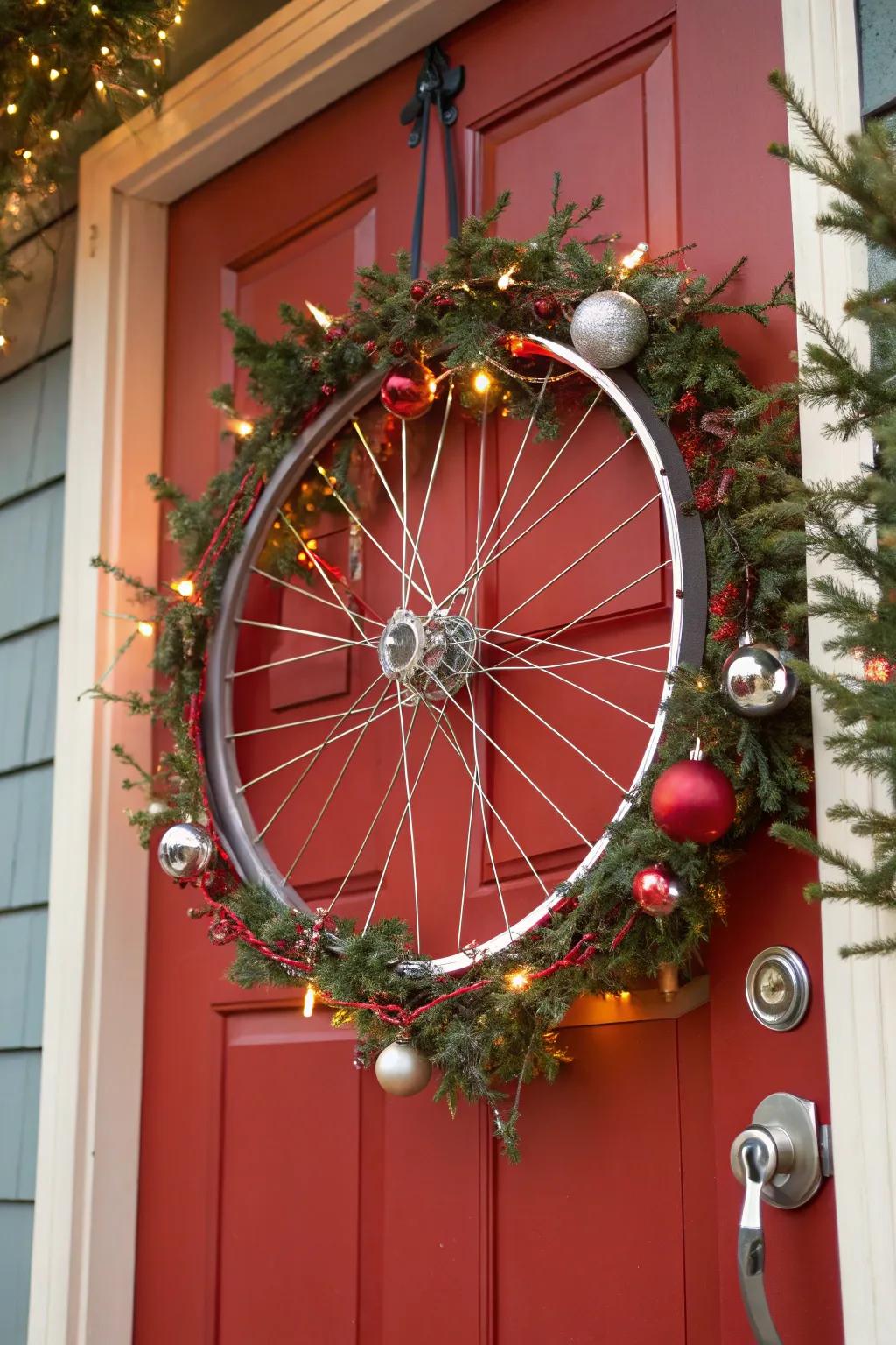 A festive holiday-themed bicycle wreath, complete with lights and ornaments.