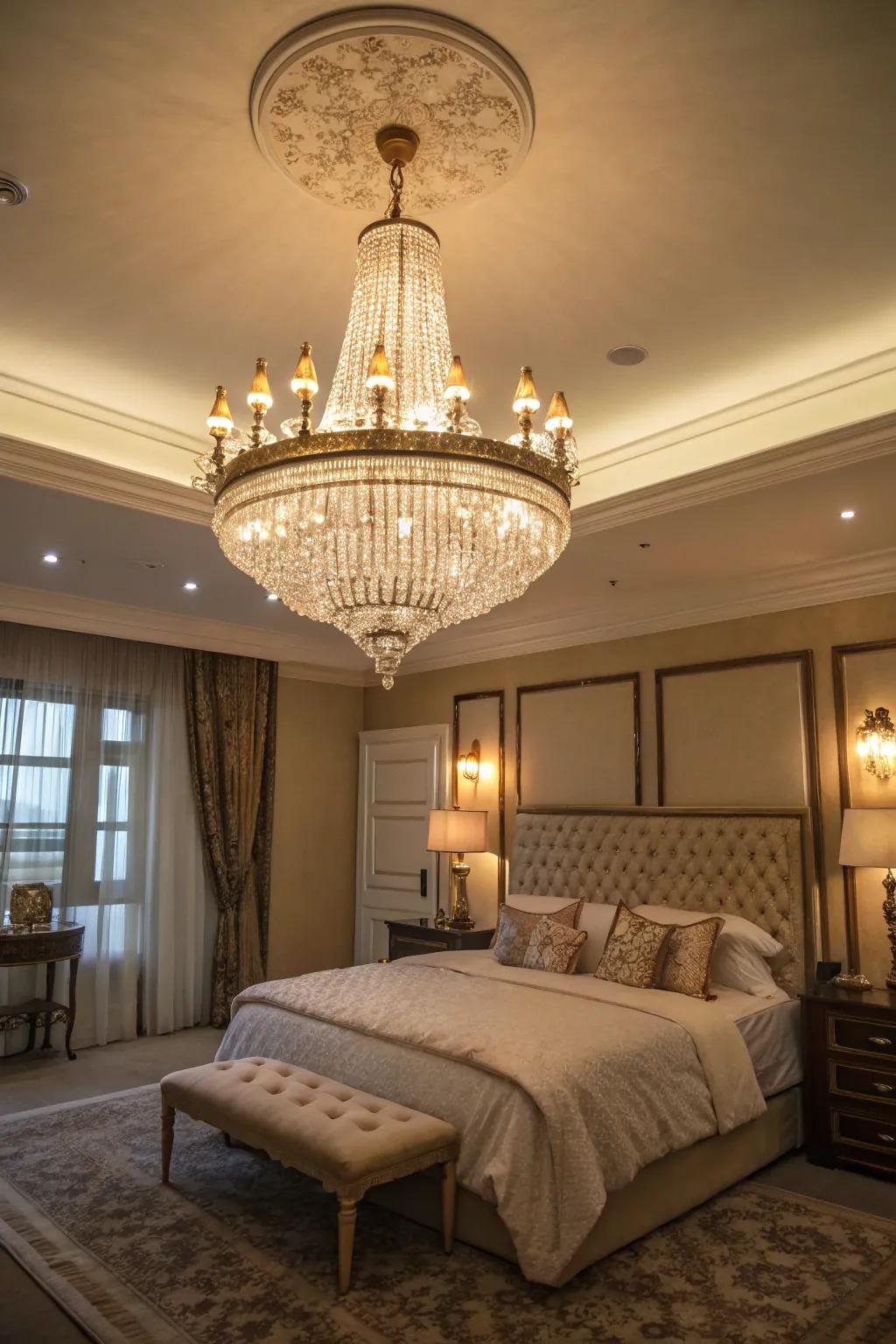 An expansive bedroom spotlighting a magnificent chandelier as its focal point.