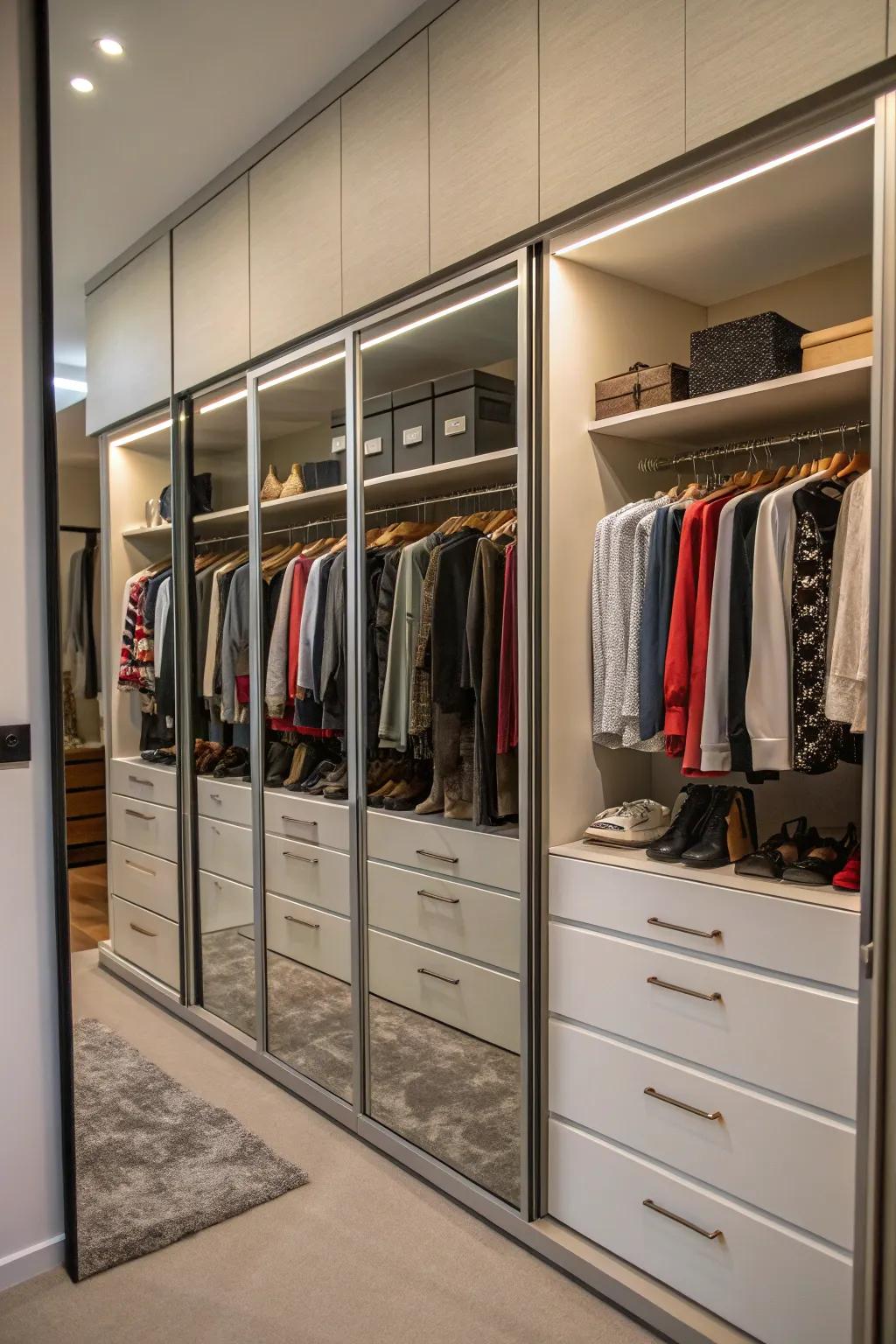 A closet with an entire wall of mirrors reflecting the organized space.