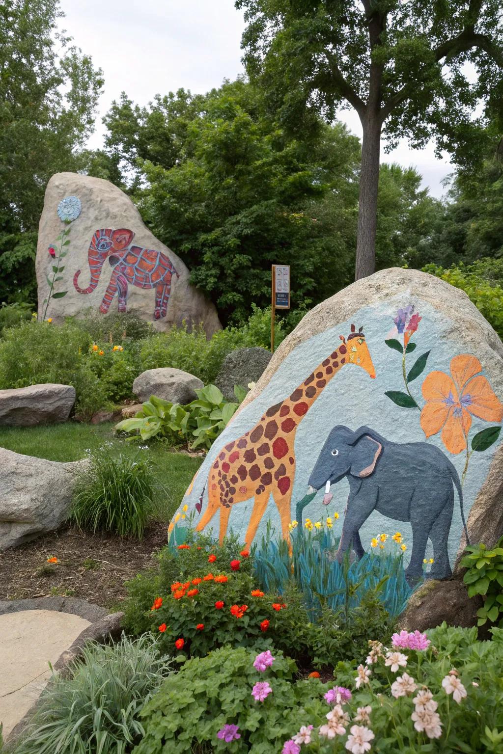 Set off on a savanna journey with animal-inspired stone art.