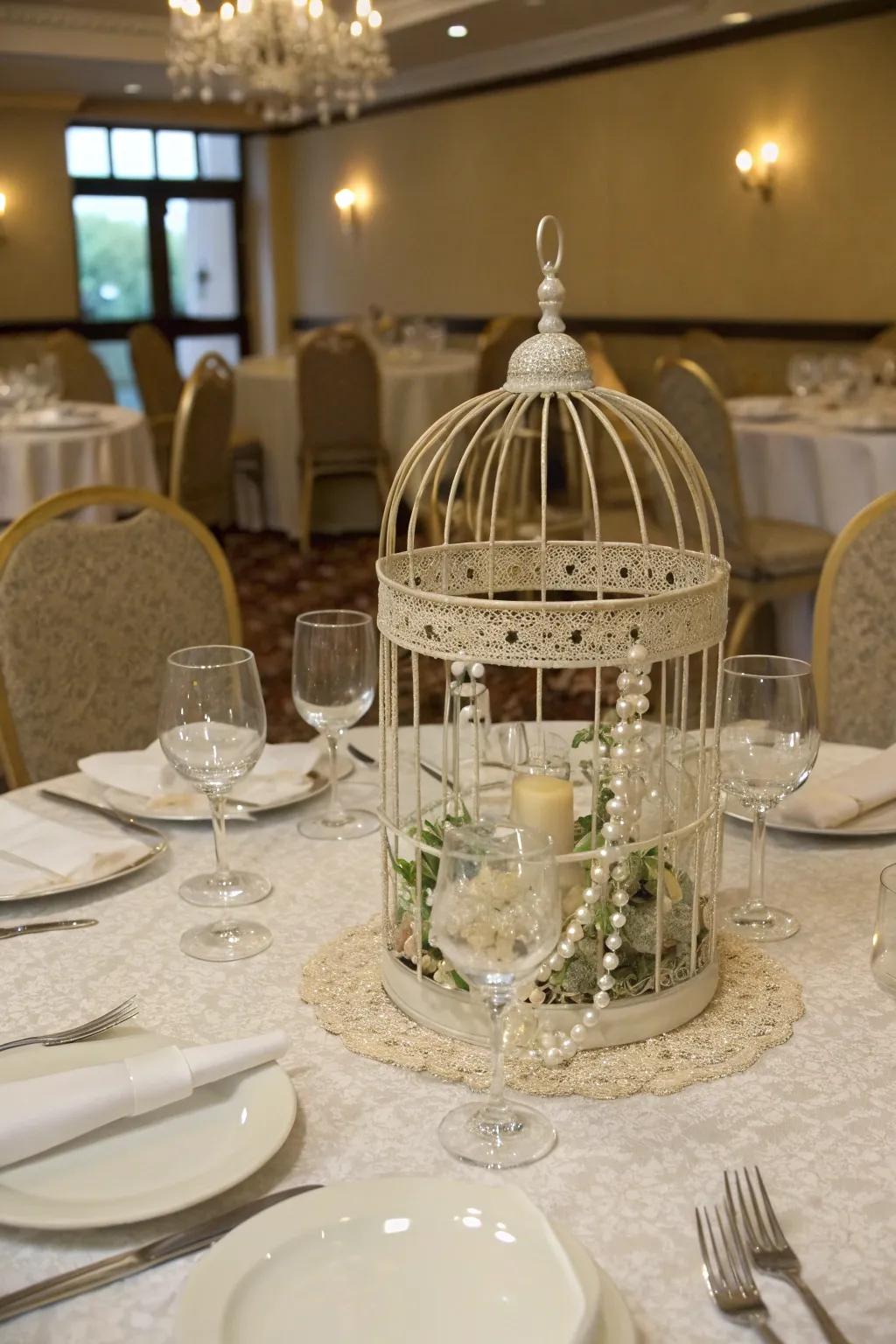 An elaborate tablescape that showcases a cage centerpiece.
