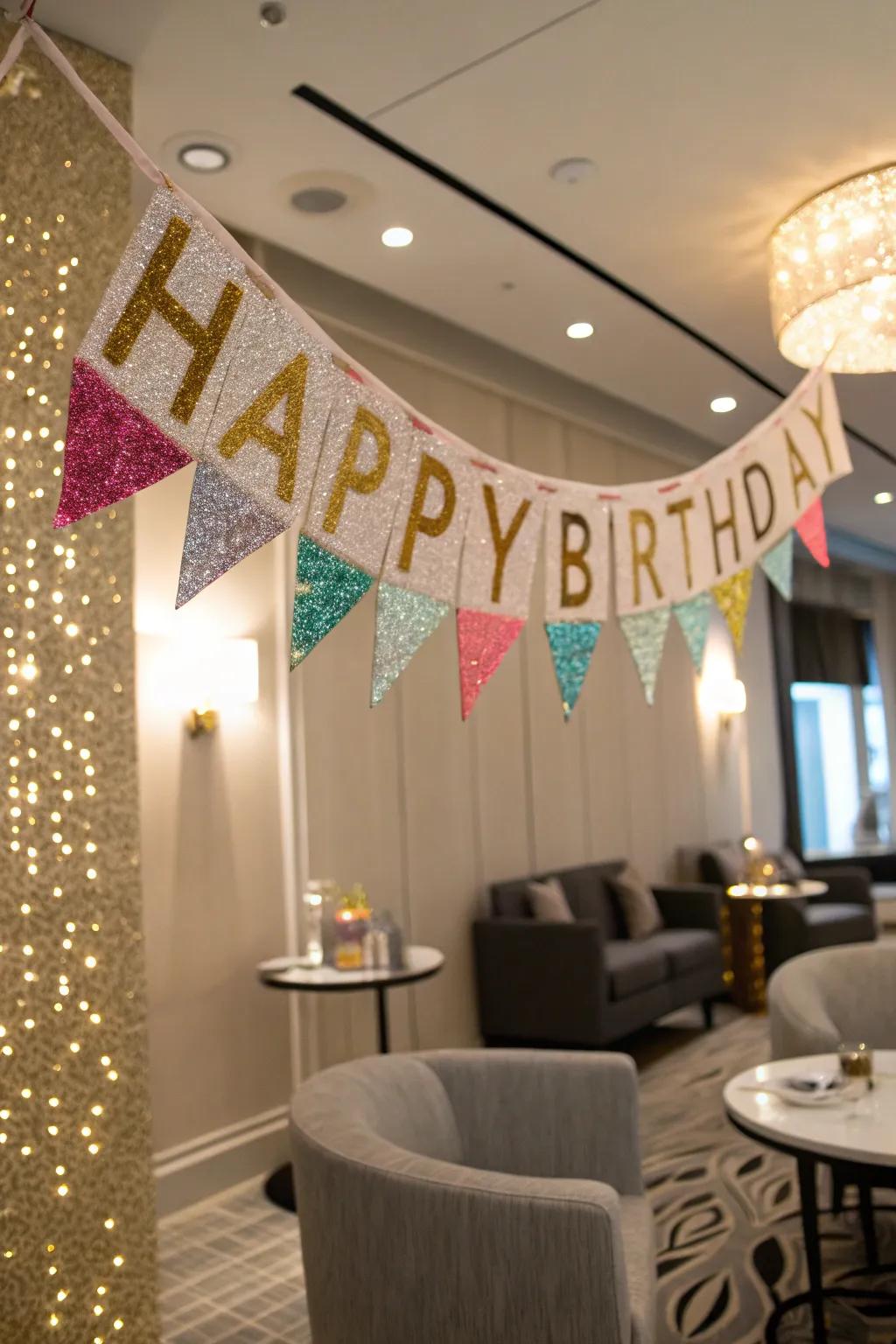 A uniquely crafted, glitter-infused birthday banner gracing the wall in a stylish room.