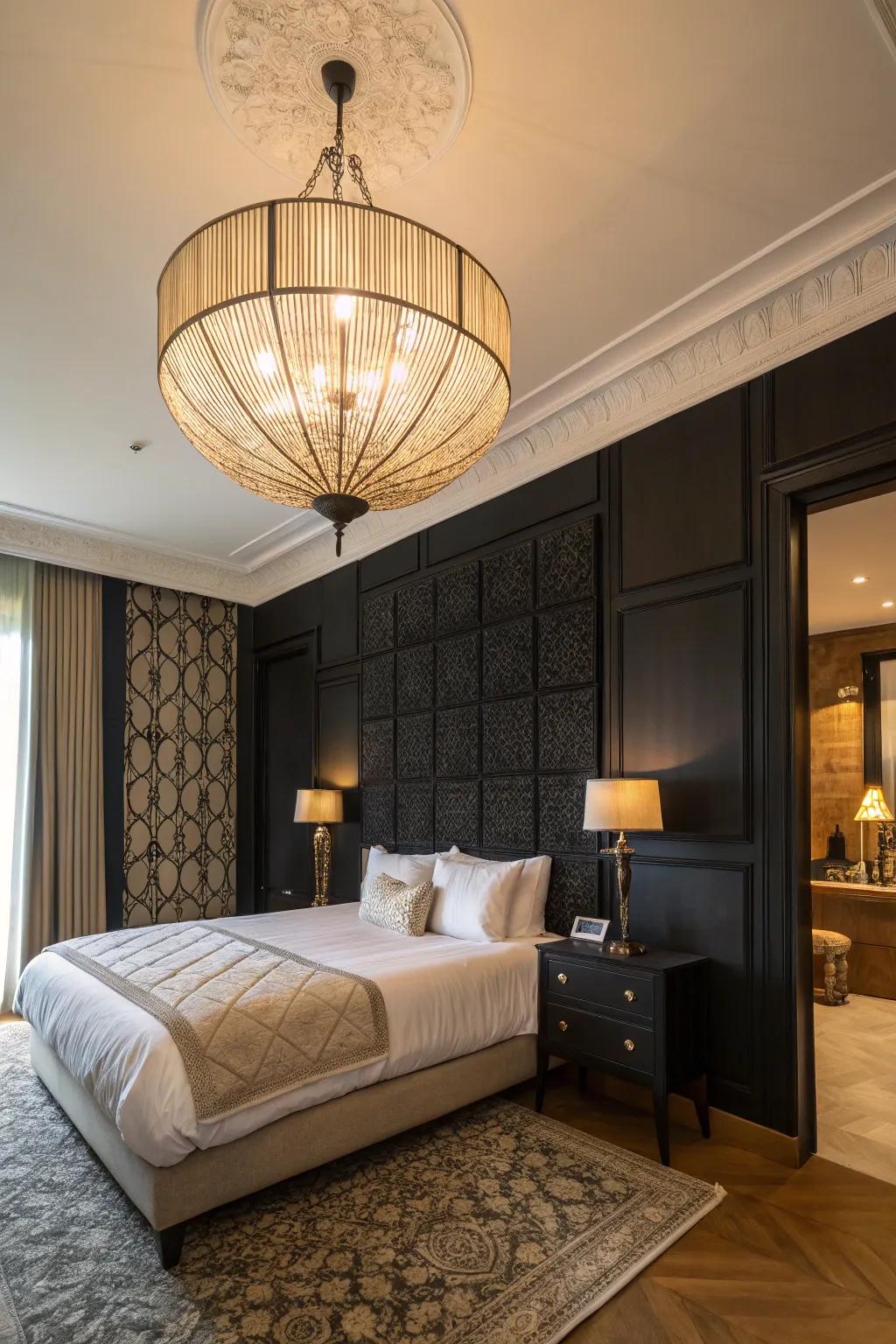 Focal lighting elevates the refinement of a black feature wall within this bedroom.