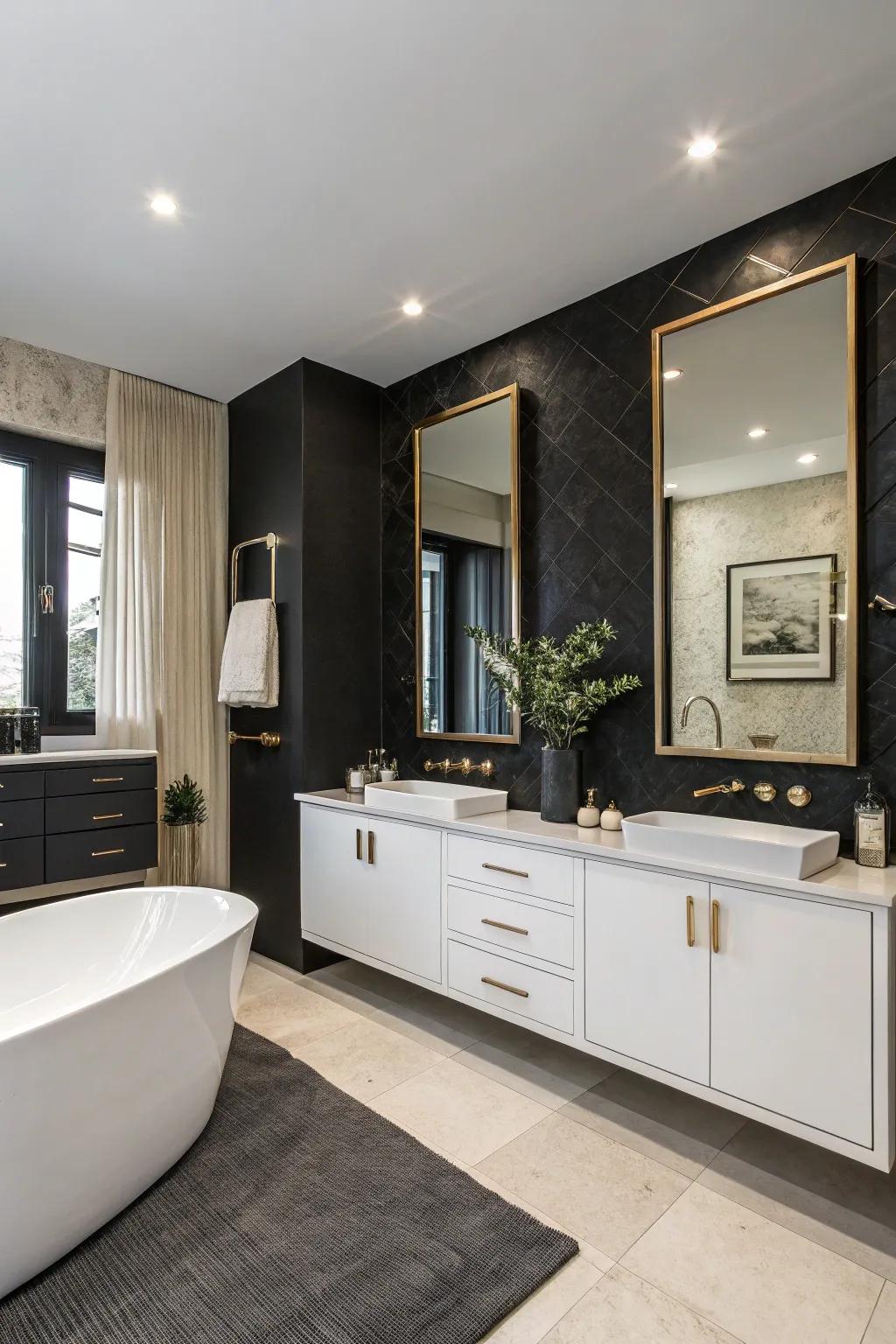 A chic bathroom features a black accent wall that enhances minimalist decor and large mirrors.