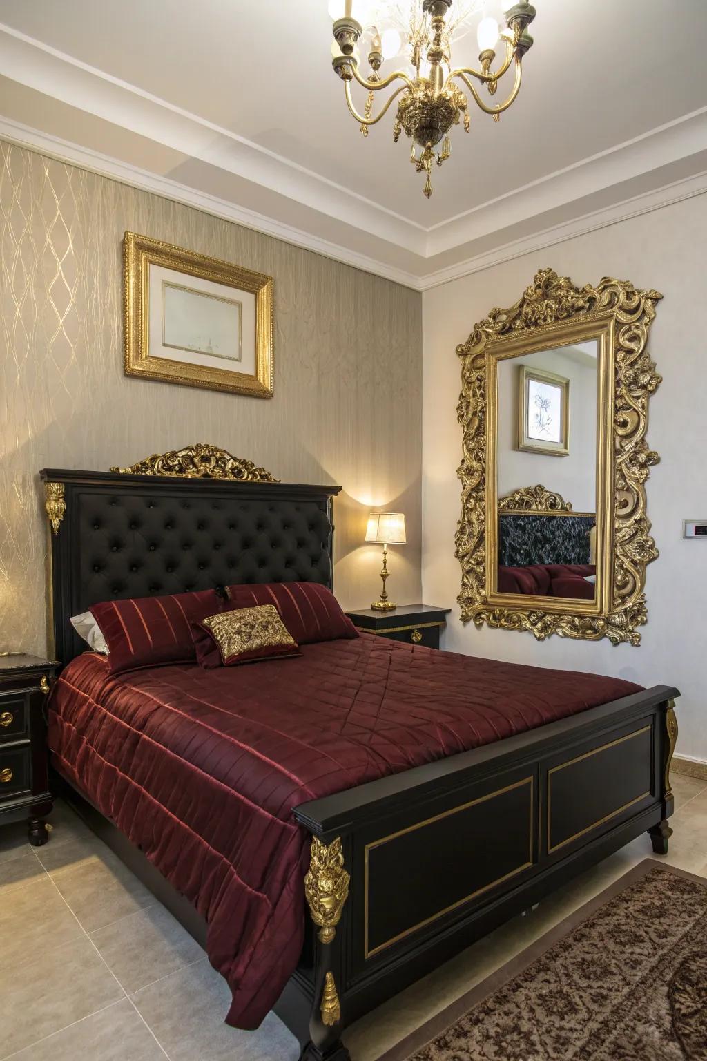 Metallic details contribute a glamorous touch to your black and burgundy bedroom.