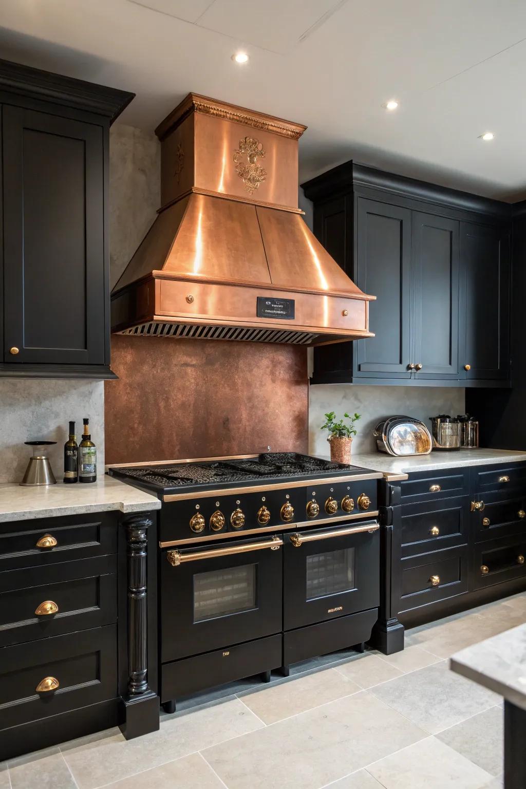 A copper cooker hood enriches the lavish atmosphere of a black kitchen.