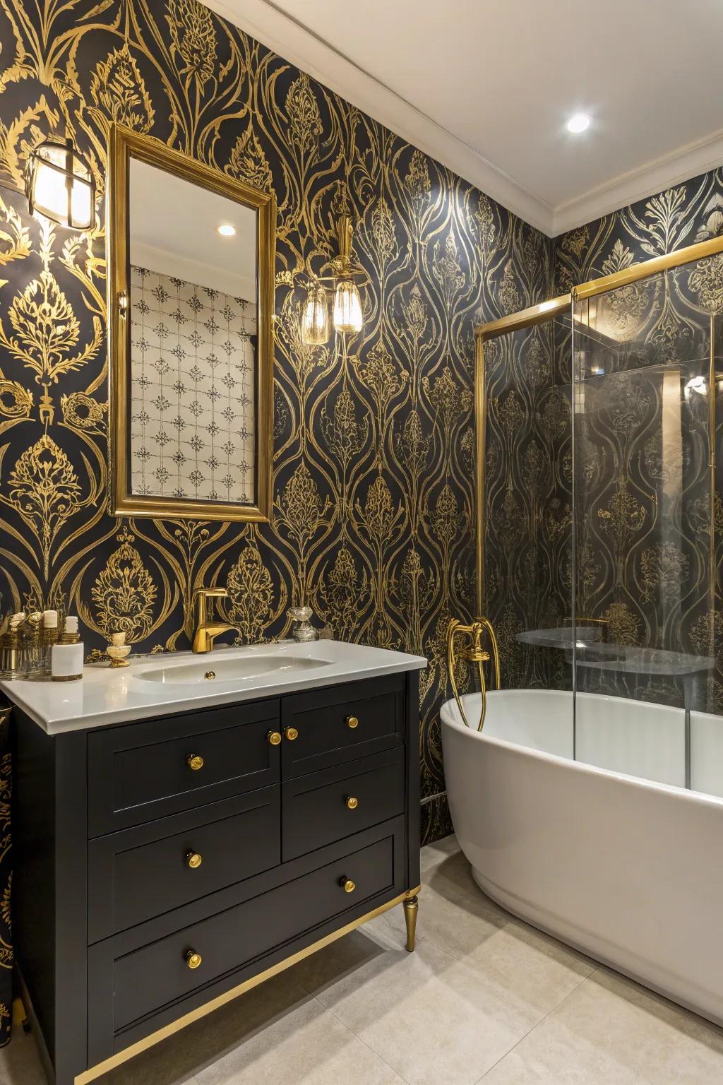 Black and gold wallpaper sets a stylish and dramatic backdrop.
