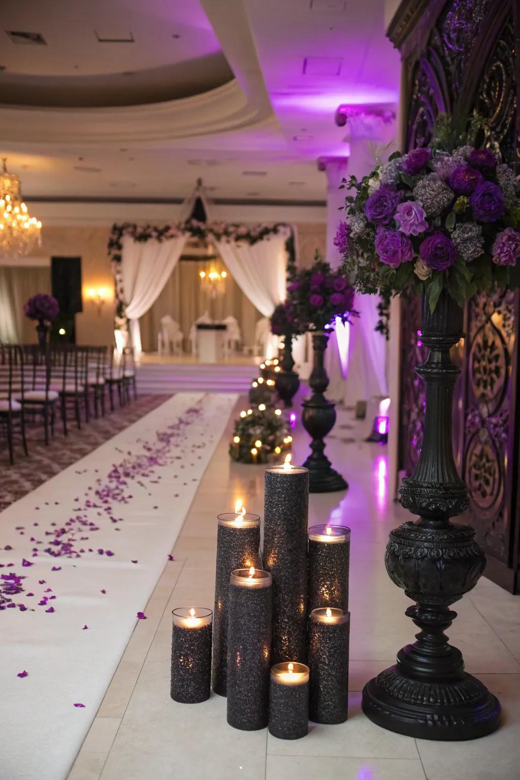 A candlelit ambiance created with dark and purple candles.