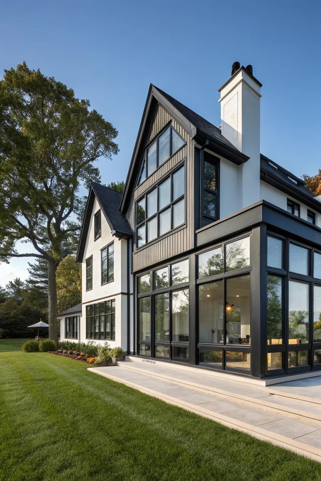 A contemporary home featuring expansive windows and striking ebony trims.