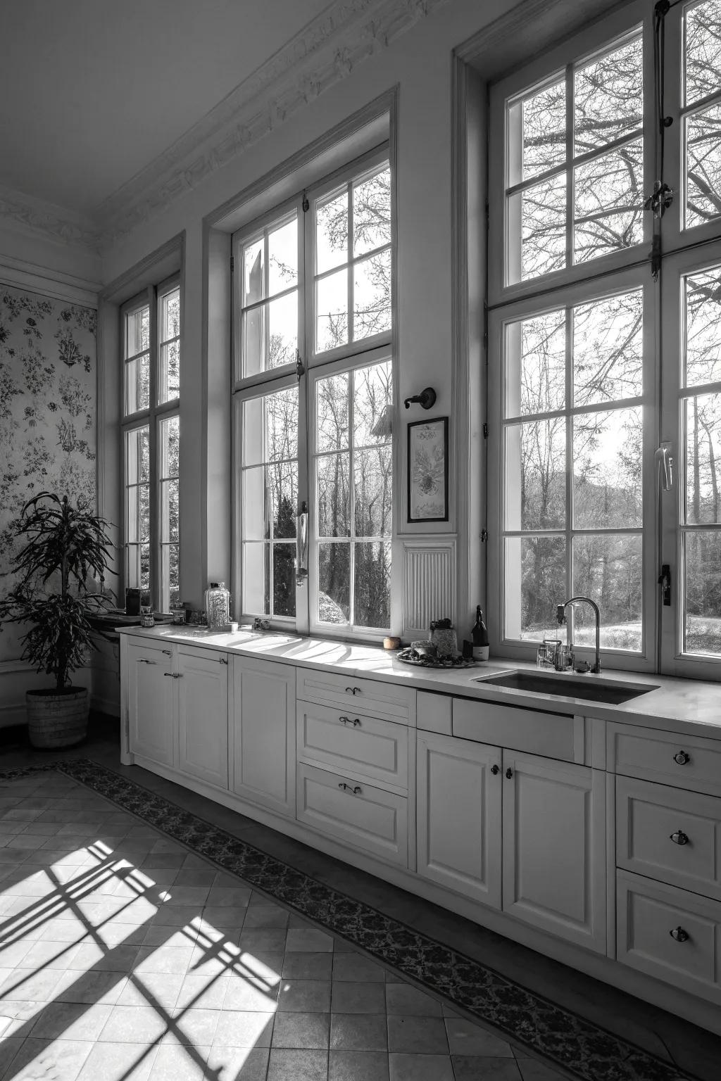 Sunlight floods into this monochrome cooking area through expansive apertures.