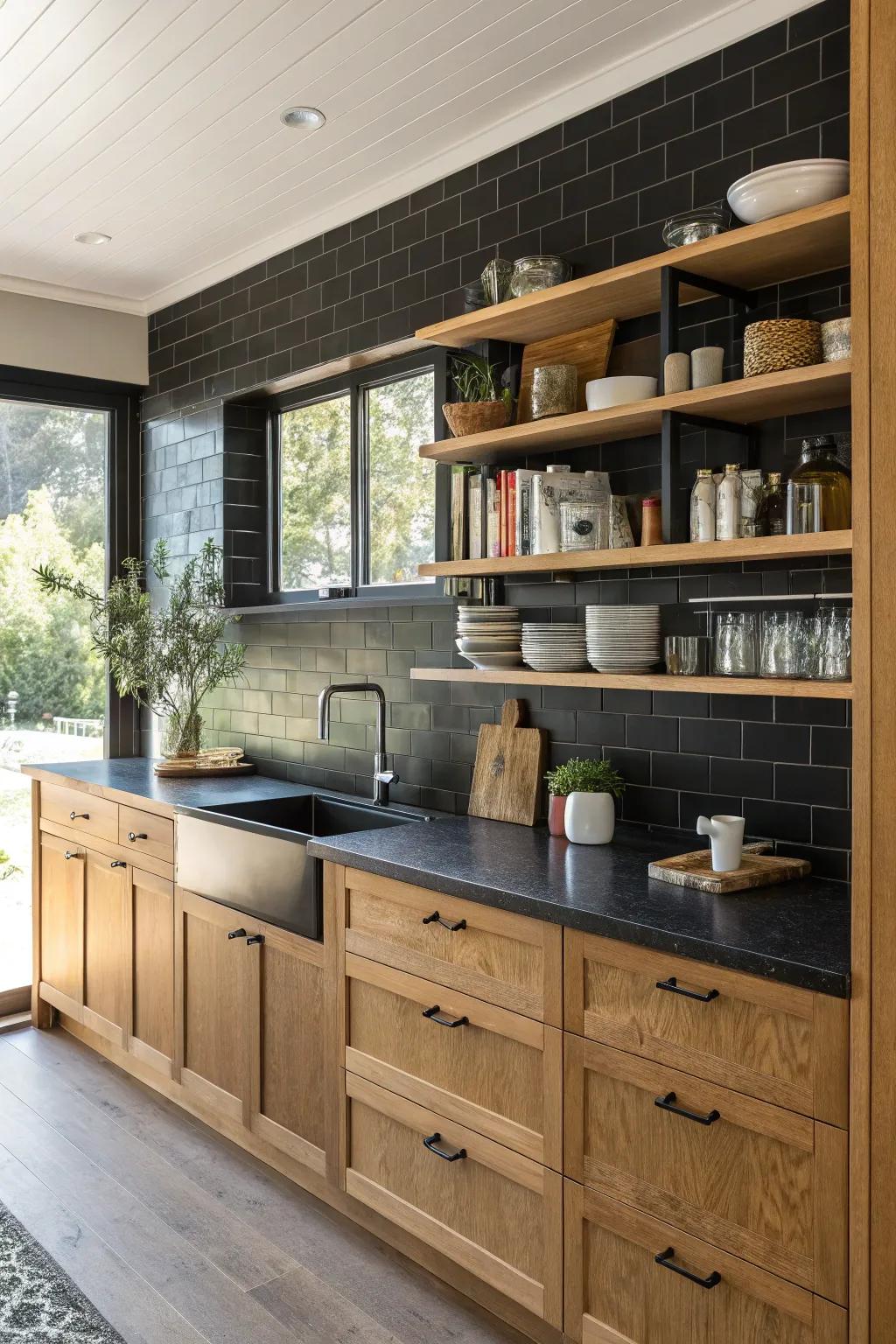 Open shelves provide dimension and visual interest against a striking black backsplash.
