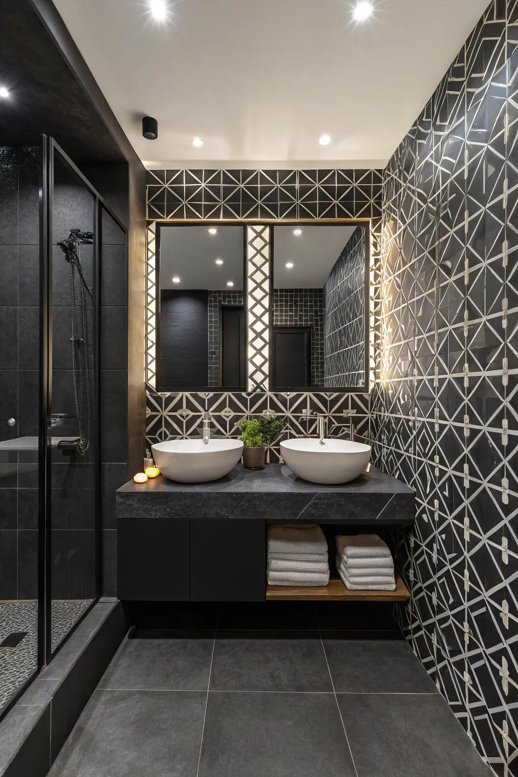 Geometric patterns contribute a cheerful touch to an ebony bathroom.
