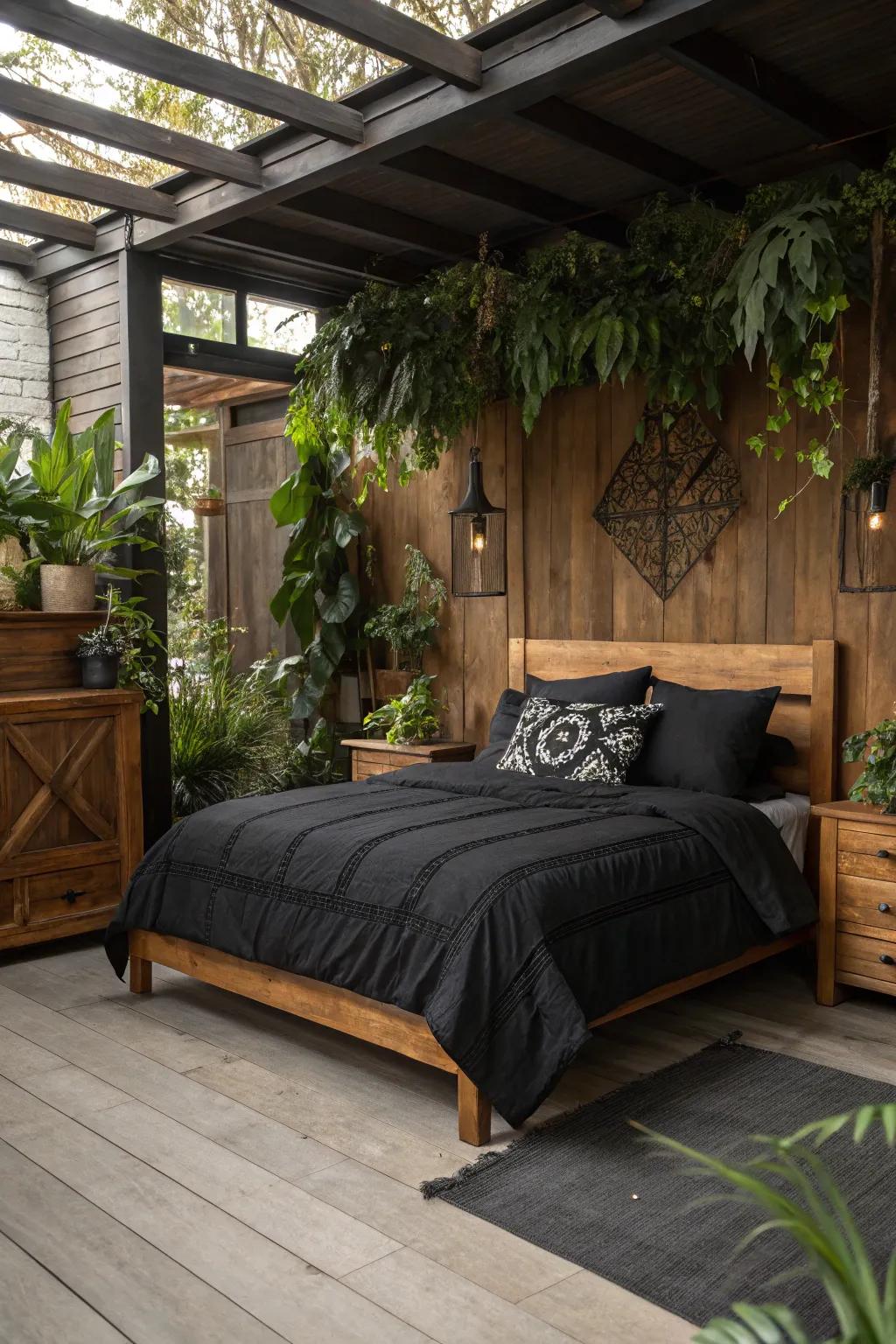 Uniting black bedding with organic components.