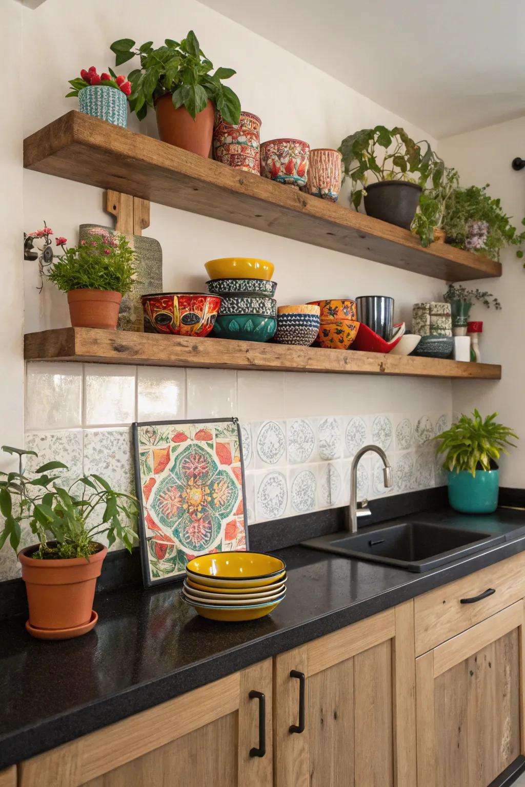 Exposed shelving adds a contemporary touch to a cooking space with dark-toned countertops.