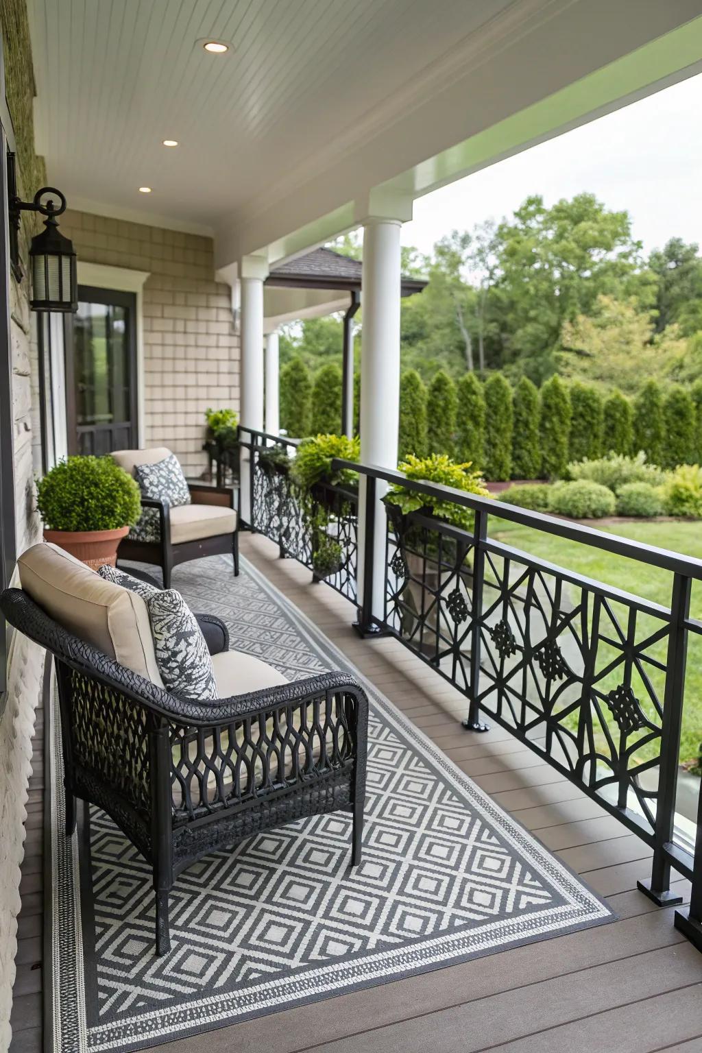 Geometric railings enrich any porch with artistic appeal.