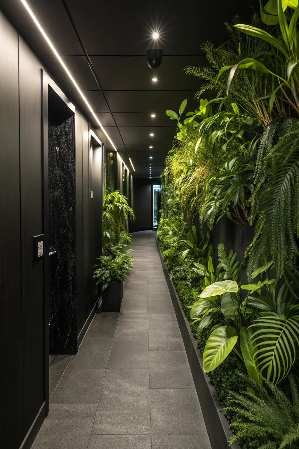 Green nature introduces a fresh contrast inside a dark entryway.