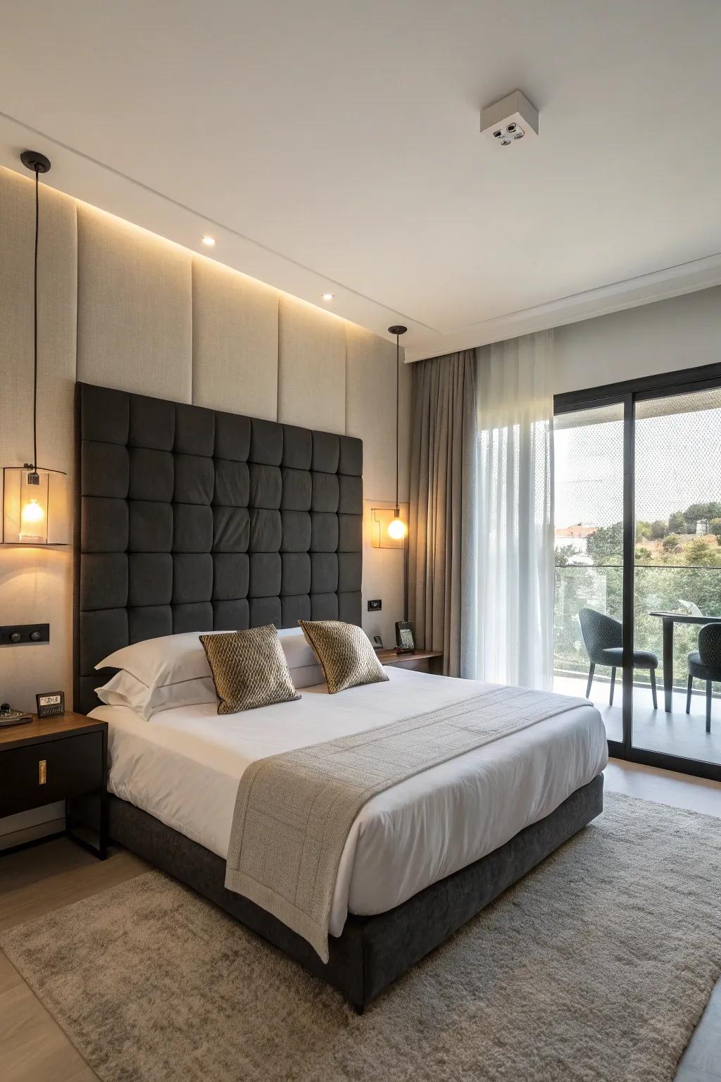 Elegant bedroom featuring a modern dark panel headboard