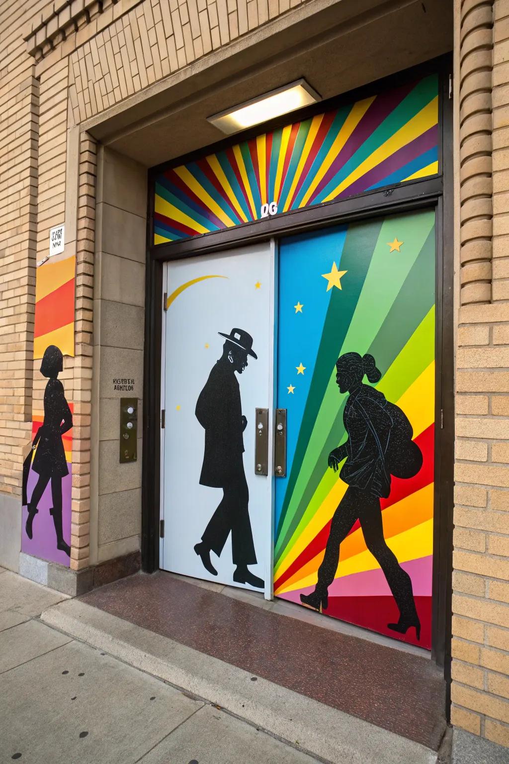 A door showcasing silhouette artwork of iconic Black figures.