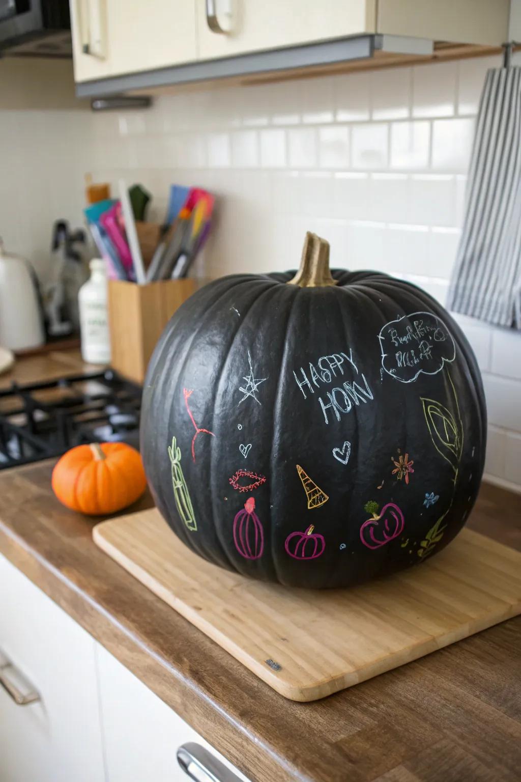 A black chalkboard pumpkin offering endless decorative possibilities.