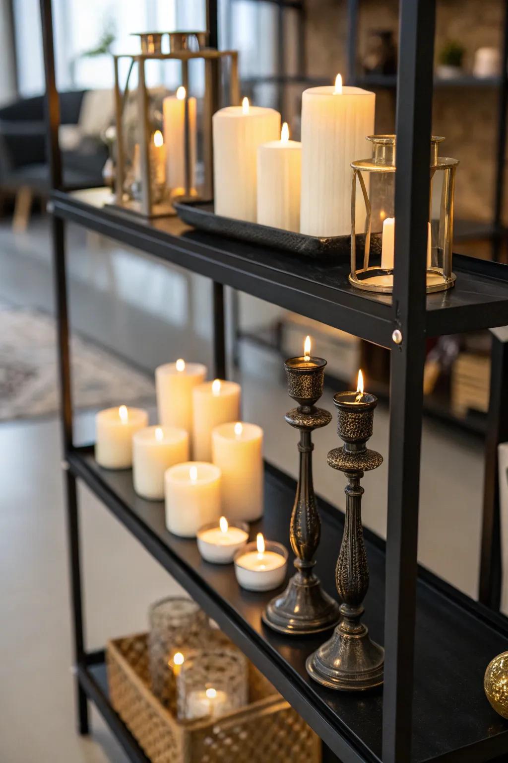 Lights of diverse elevations emitting a snug radiance on a dark-toned shelf.