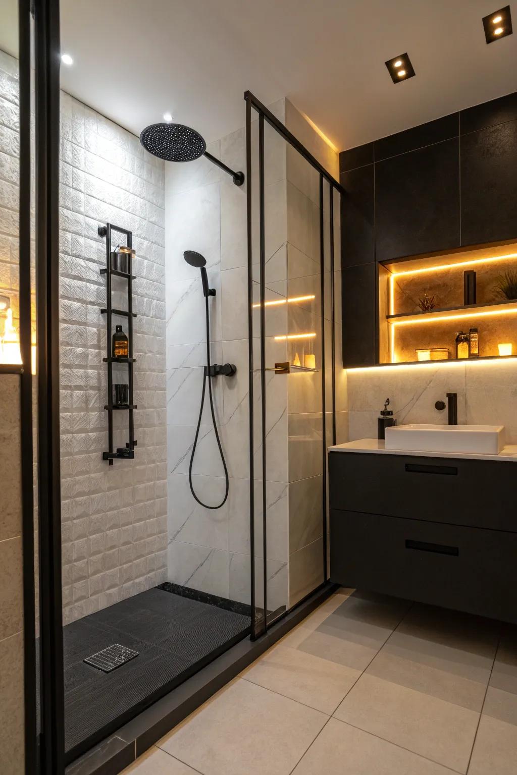 Subtle illumination sets the mood for your dark bathing space.