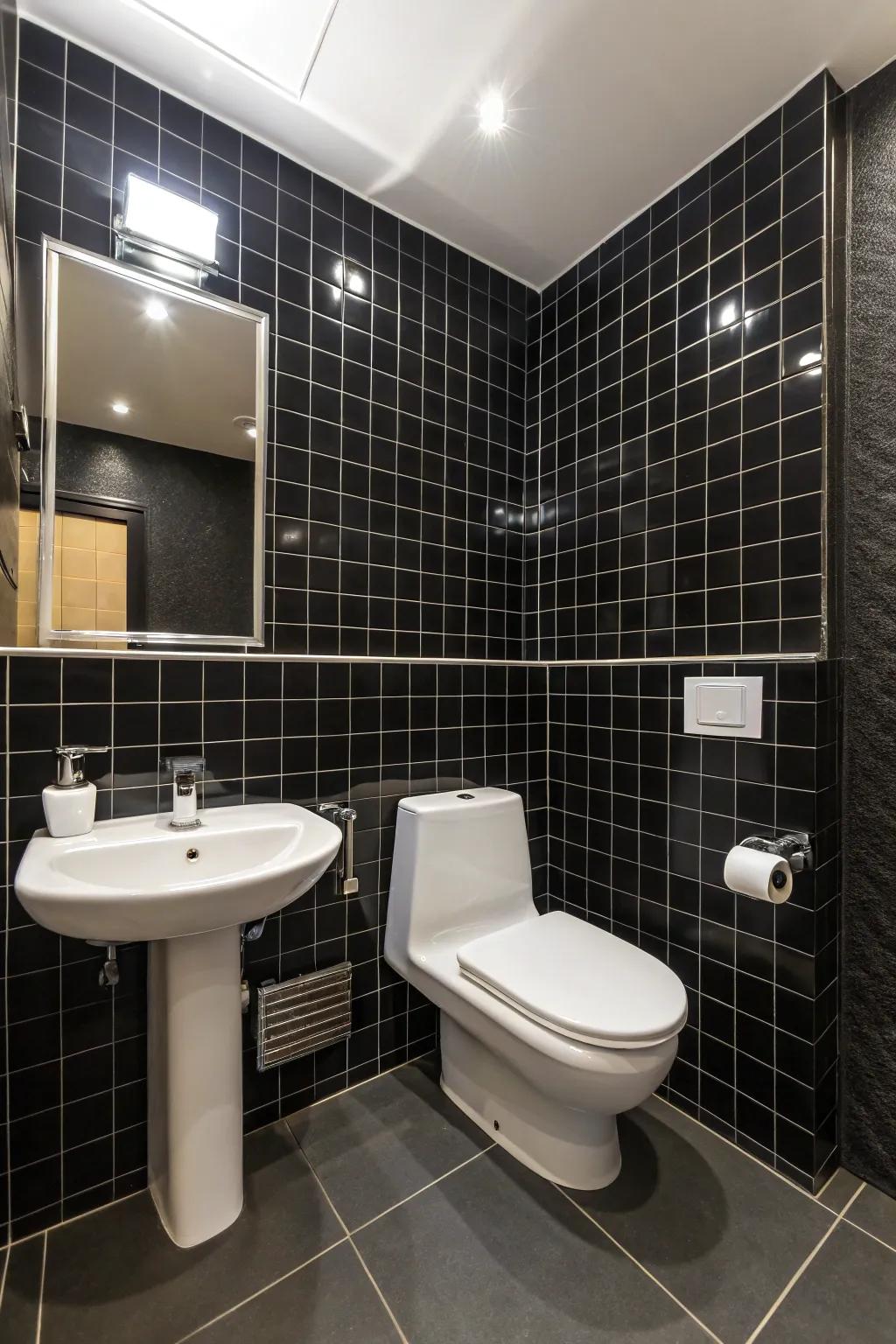 The contrast between dark boards and pale elements creates a dynamic bathroom design.